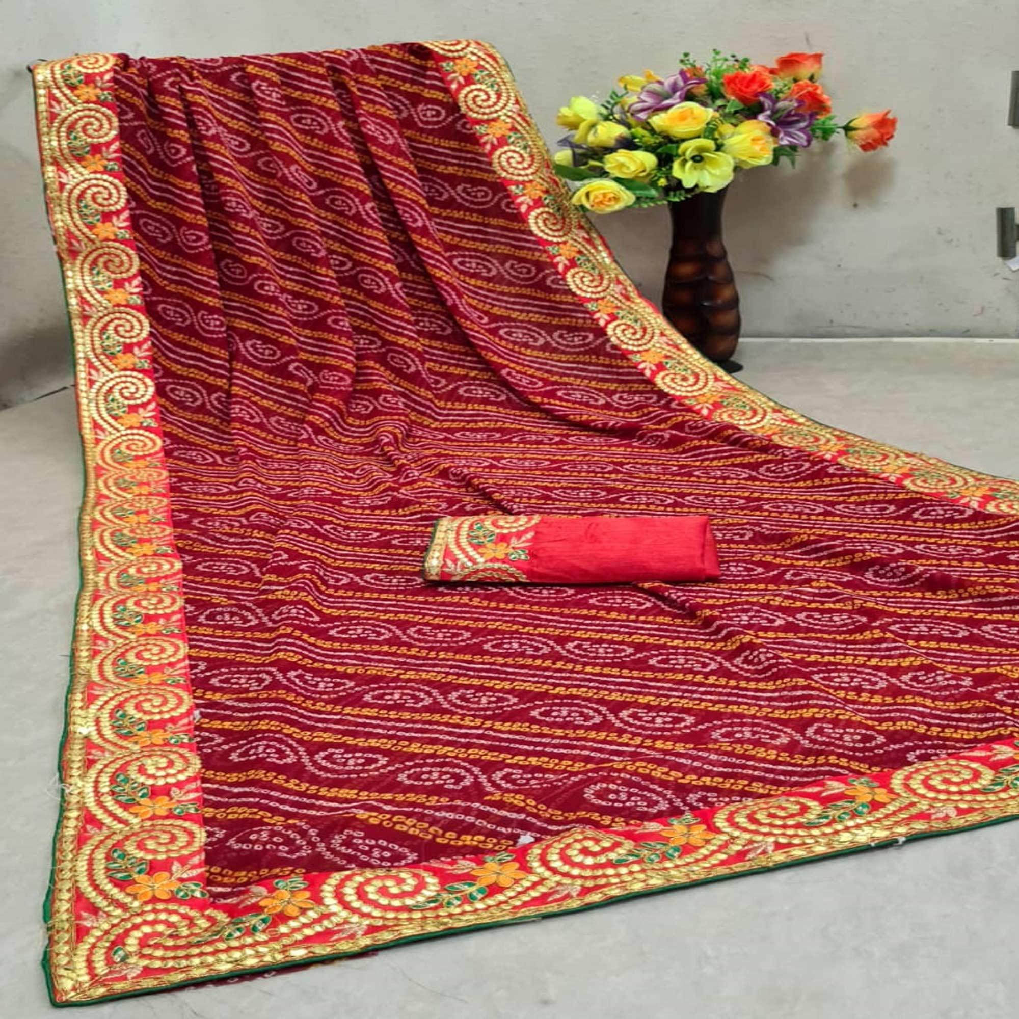 Pleasant Red Colored Festive Wear Woven Dora Silk Saree - Peachmode