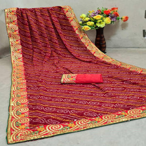 Pleasant Red Colored Festive Wear Woven Dora Silk Saree - Peachmode