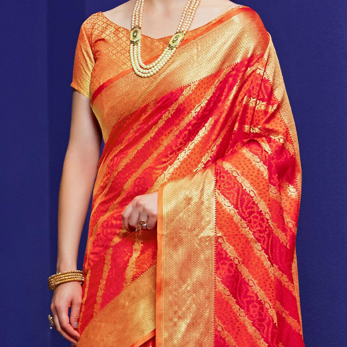 Pleasant Red Colored Festive Wear Woven Indian Patola Silk Saree - Peachmode