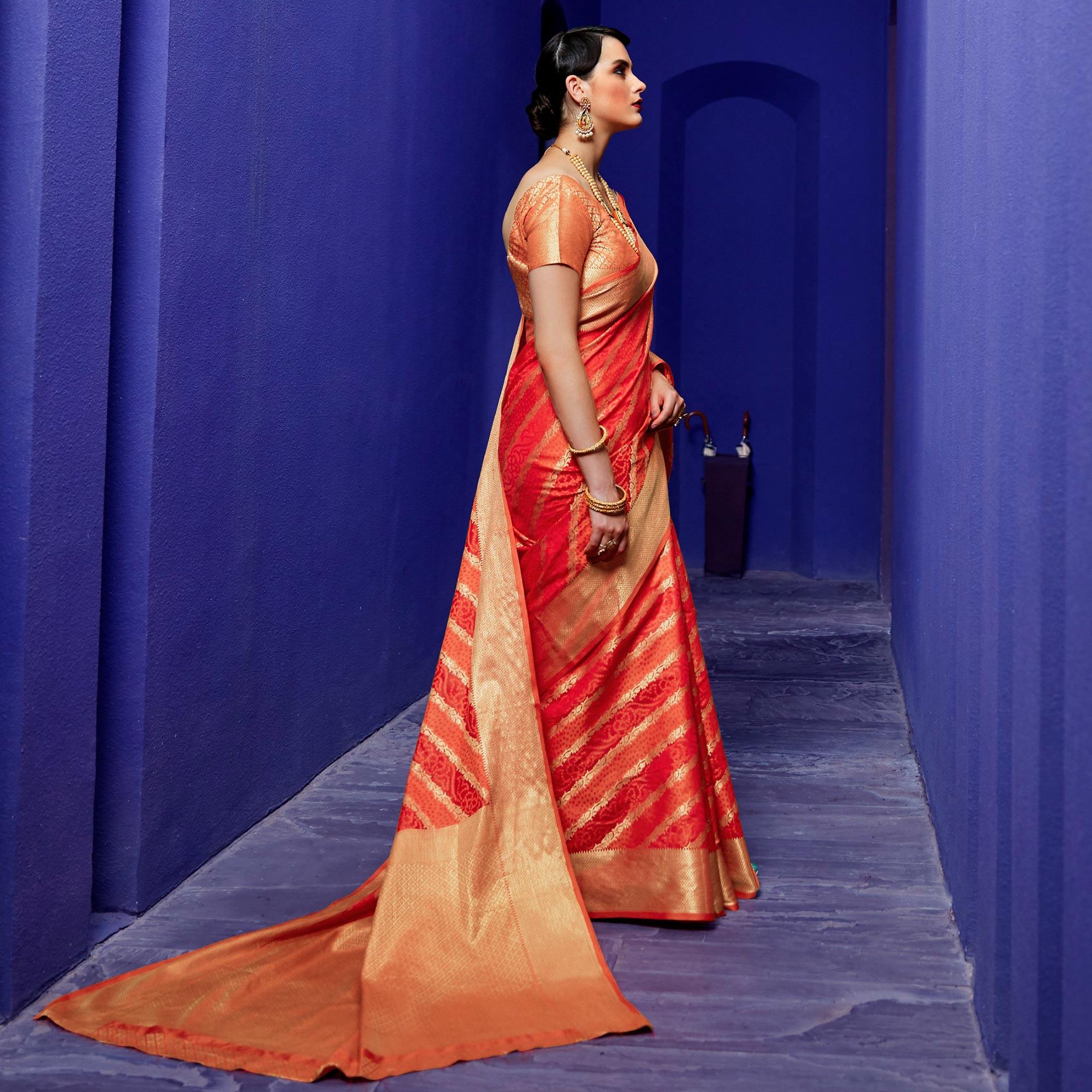 Pleasant Red Colored Festive Wear Woven Indian Patola Silk Saree - Peachmode