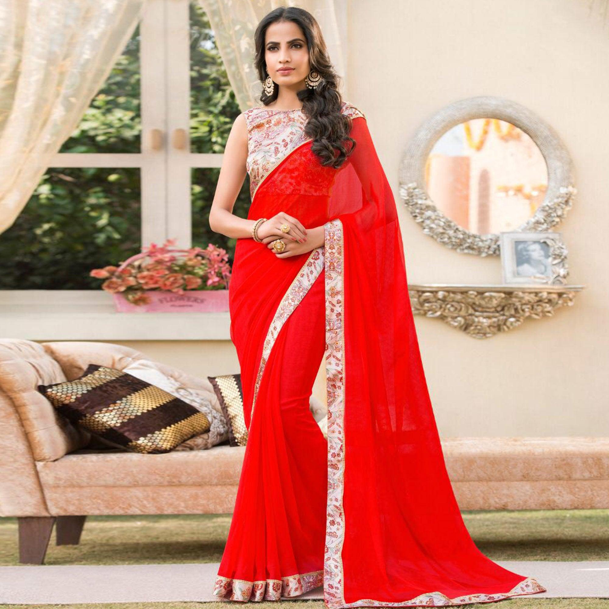 Pleasant Red Colored Partywear Printed Chiffon Saree - Peachmode