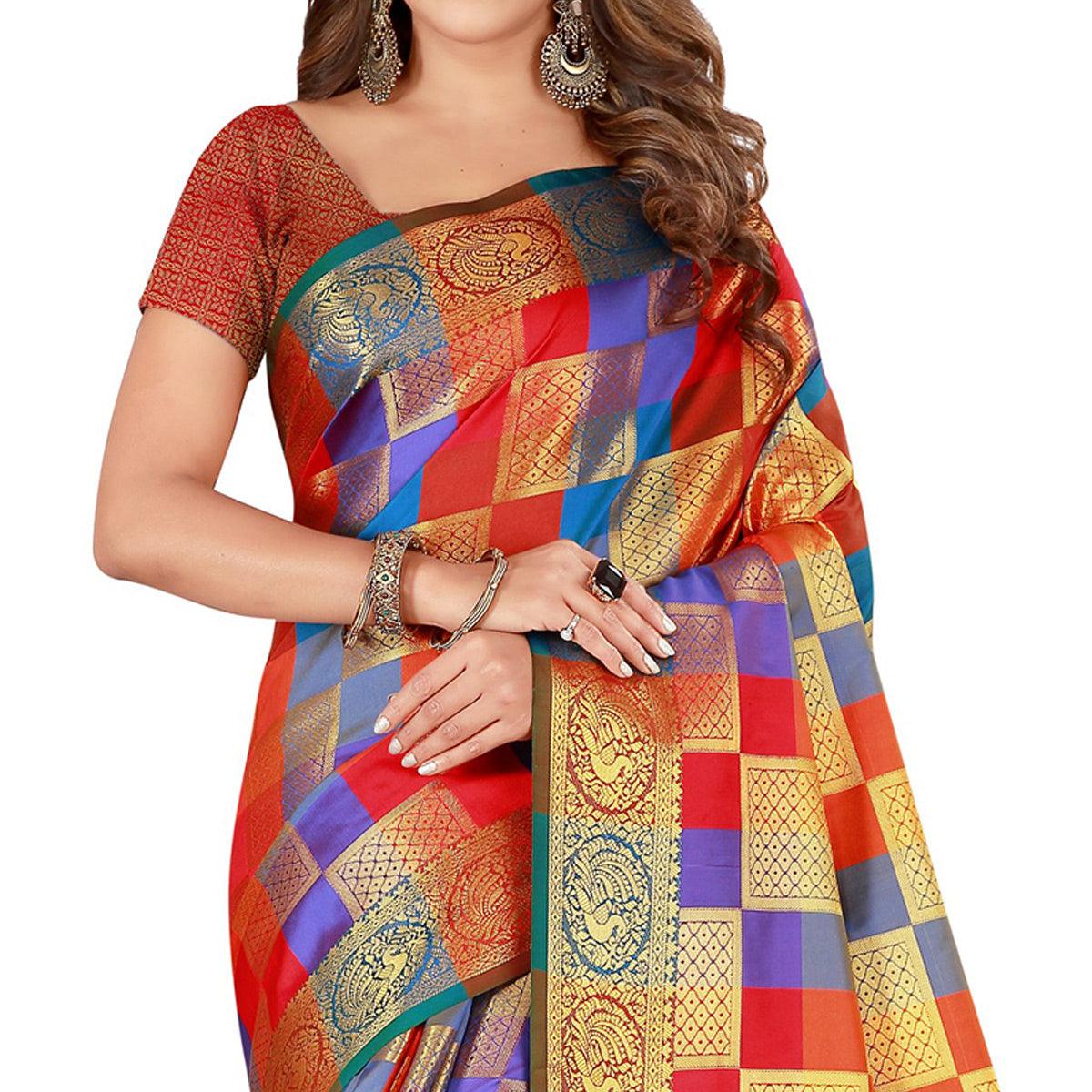 Pleasant Red-Multi Colored Festive Wear Art Silk Saree - Peachmode
