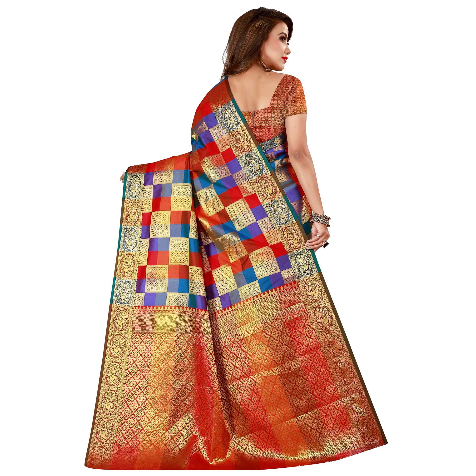Pleasant Red-Multi Colored Festive Wear Art Silk Saree - Peachmode