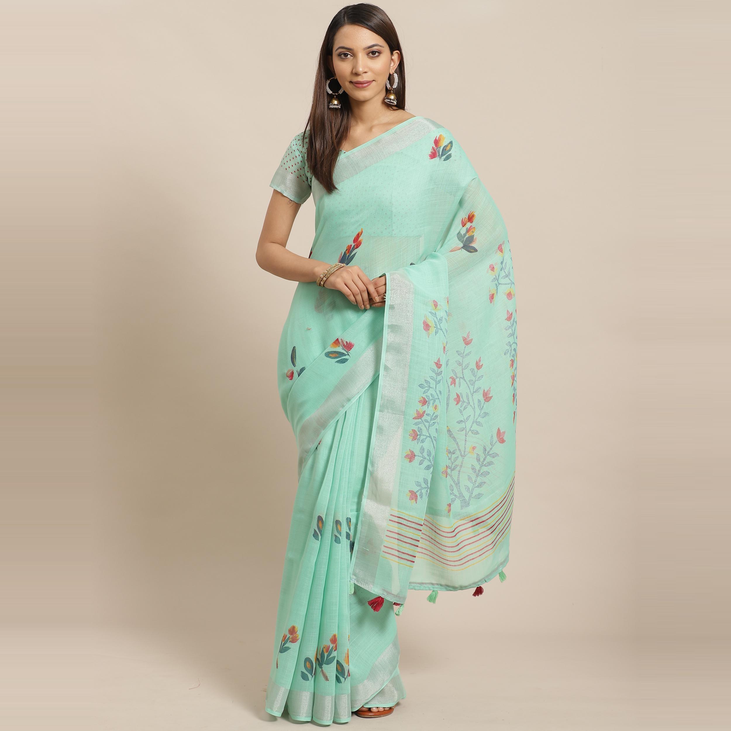 Pleasant Sea Green Colored Casual Wear Printed Linen Saree - Peachmode