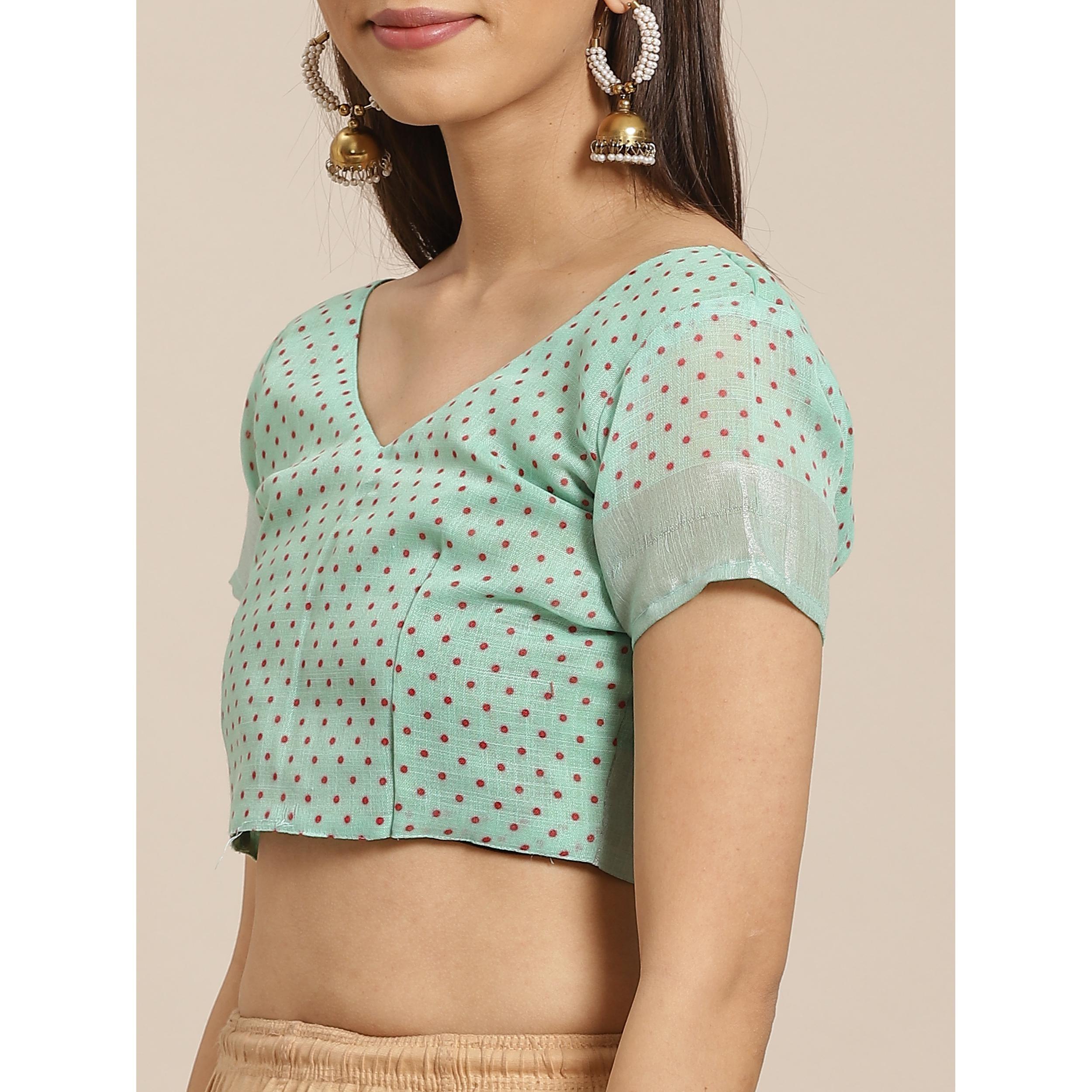 Pleasant Sea Green Colored Casual Wear Printed Linen Saree - Peachmode