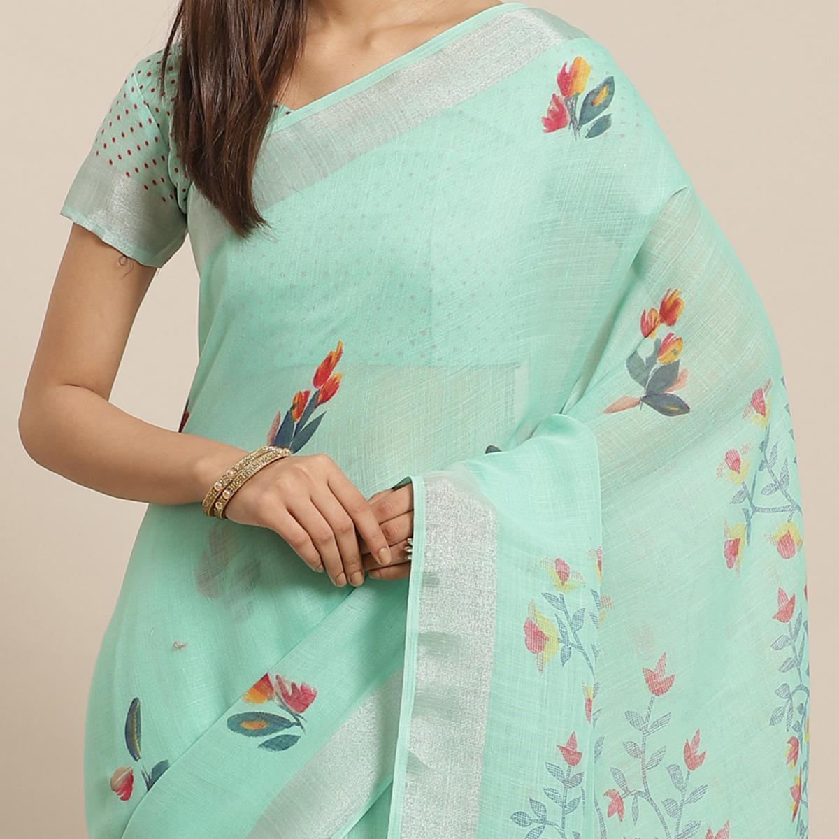 Pleasant Sea Green Colored Casual Wear Printed Linen Saree - Peachmode