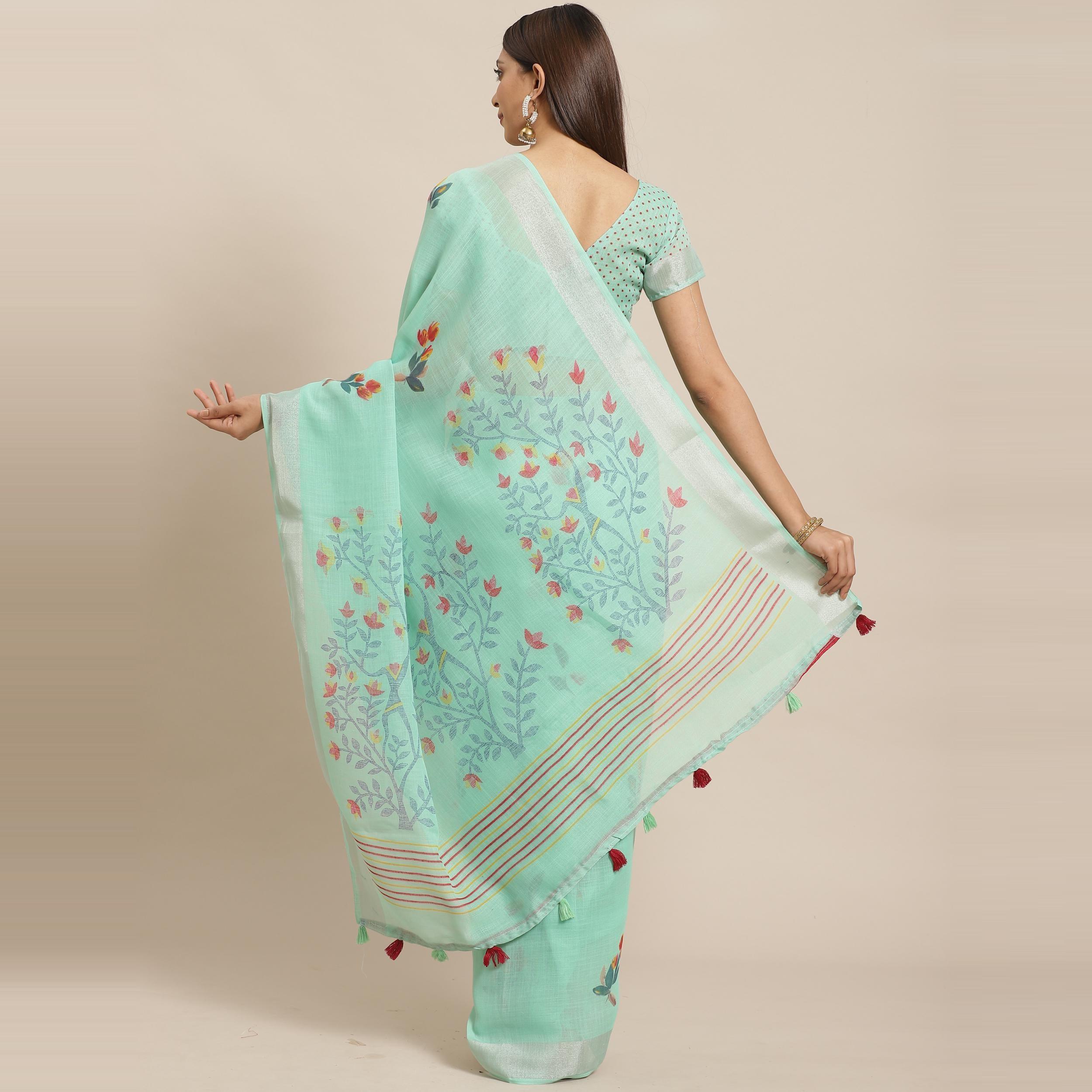 Pleasant Sea Green Colored Casual Wear Printed Linen Saree - Peachmode