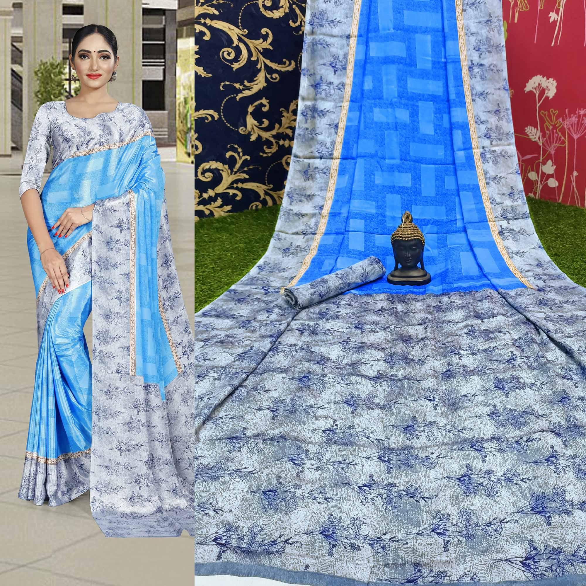 Pleasant Sky Blue Colored Casual Wear Printed Crepe Saree - Peachmode