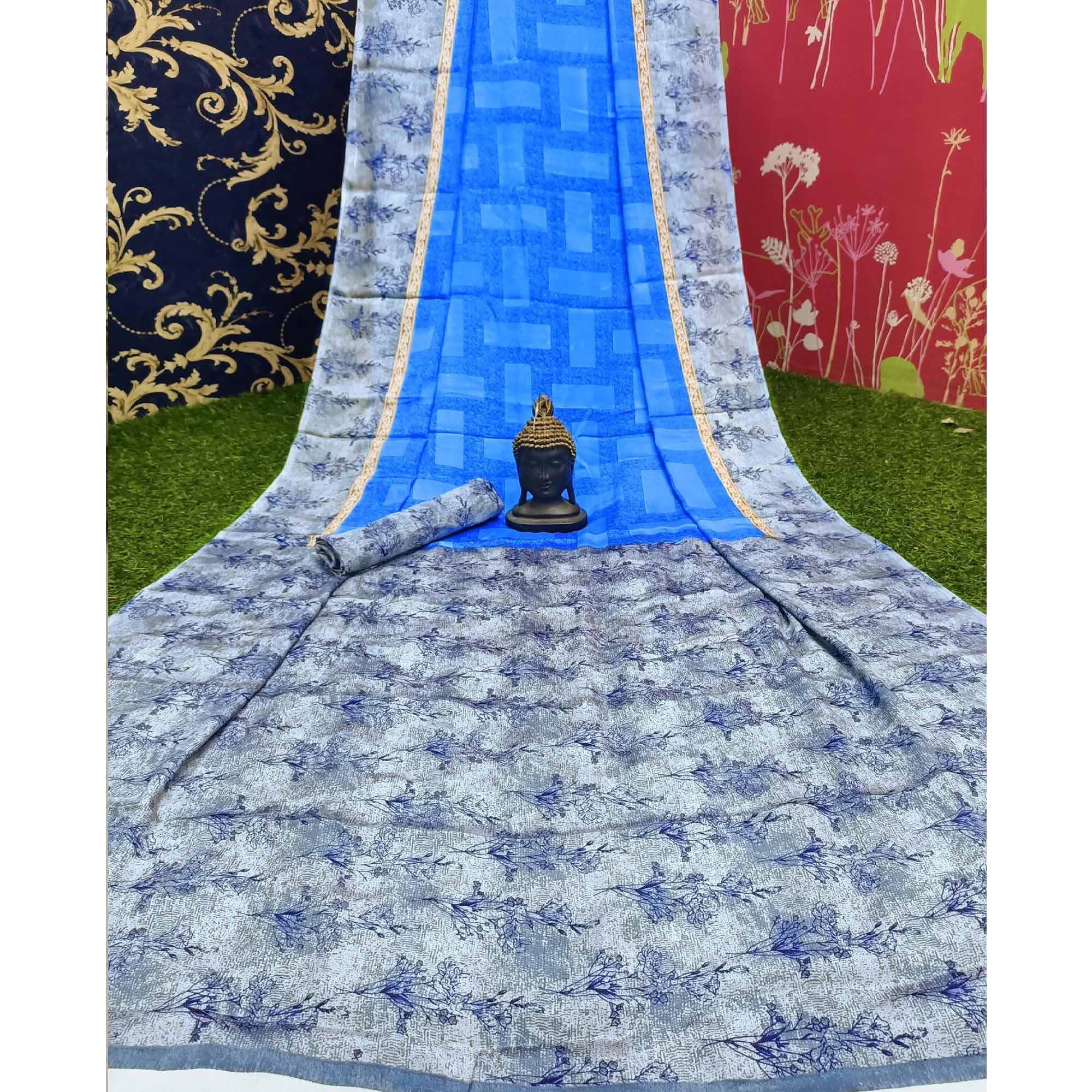 Pleasant Sky Blue Colored Casual Wear Printed Crepe Saree - Peachmode