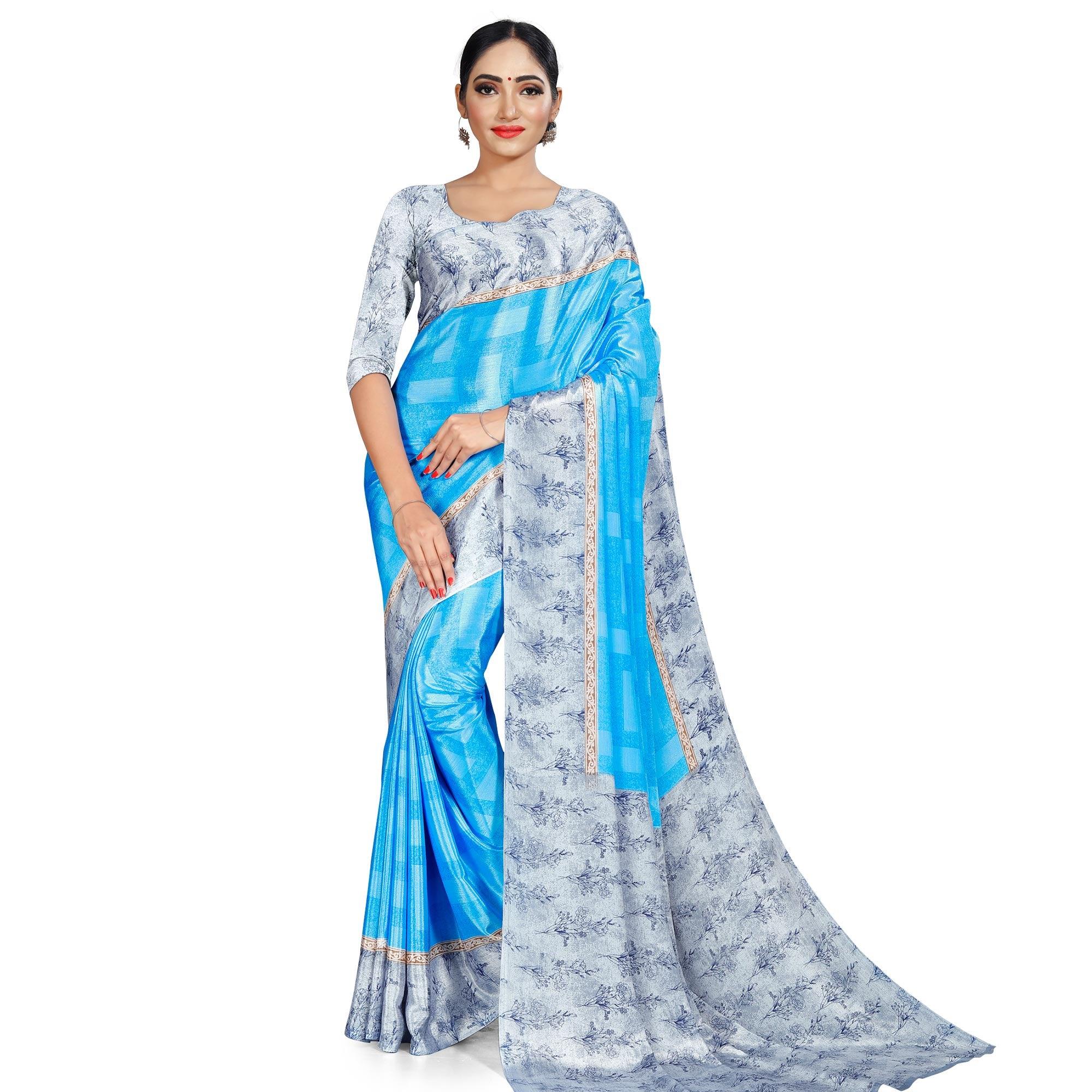 Pleasant Sky Blue Colored Casual Wear Printed Crepe Saree - Peachmode