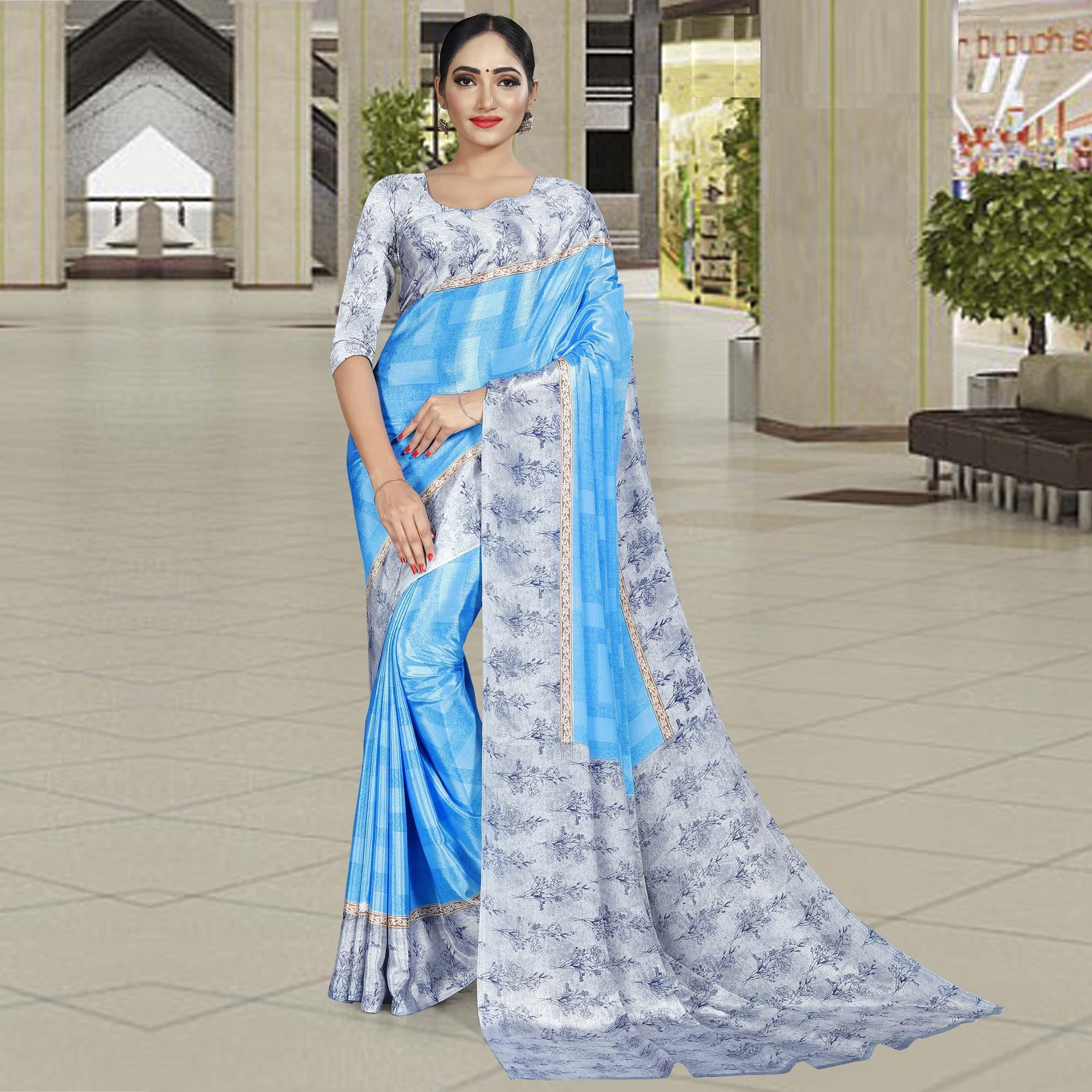 Pleasant Sky Blue Colored Casual Wear Printed Crepe Saree - Peachmode
