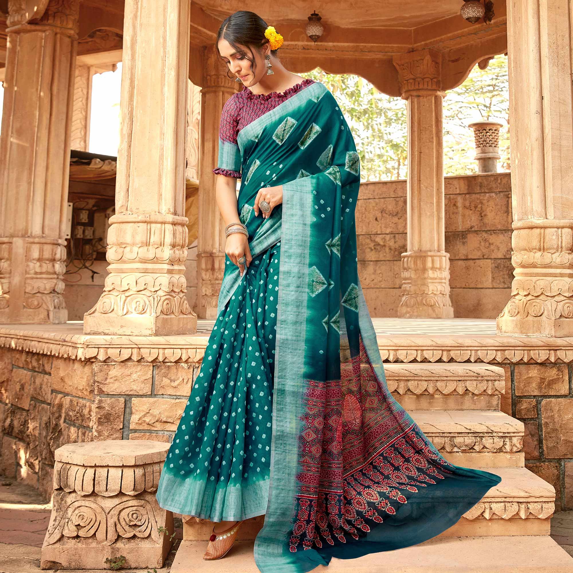 Pleasant Teal Green Colored Digital Printed Festive Wear Linen Designer Saree - Peachmode