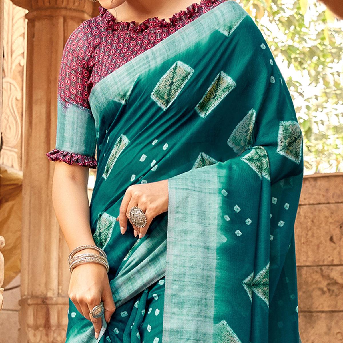 Pleasant Teal Green Colored Digital Printed Festive Wear Linen Designer Saree - Peachmode