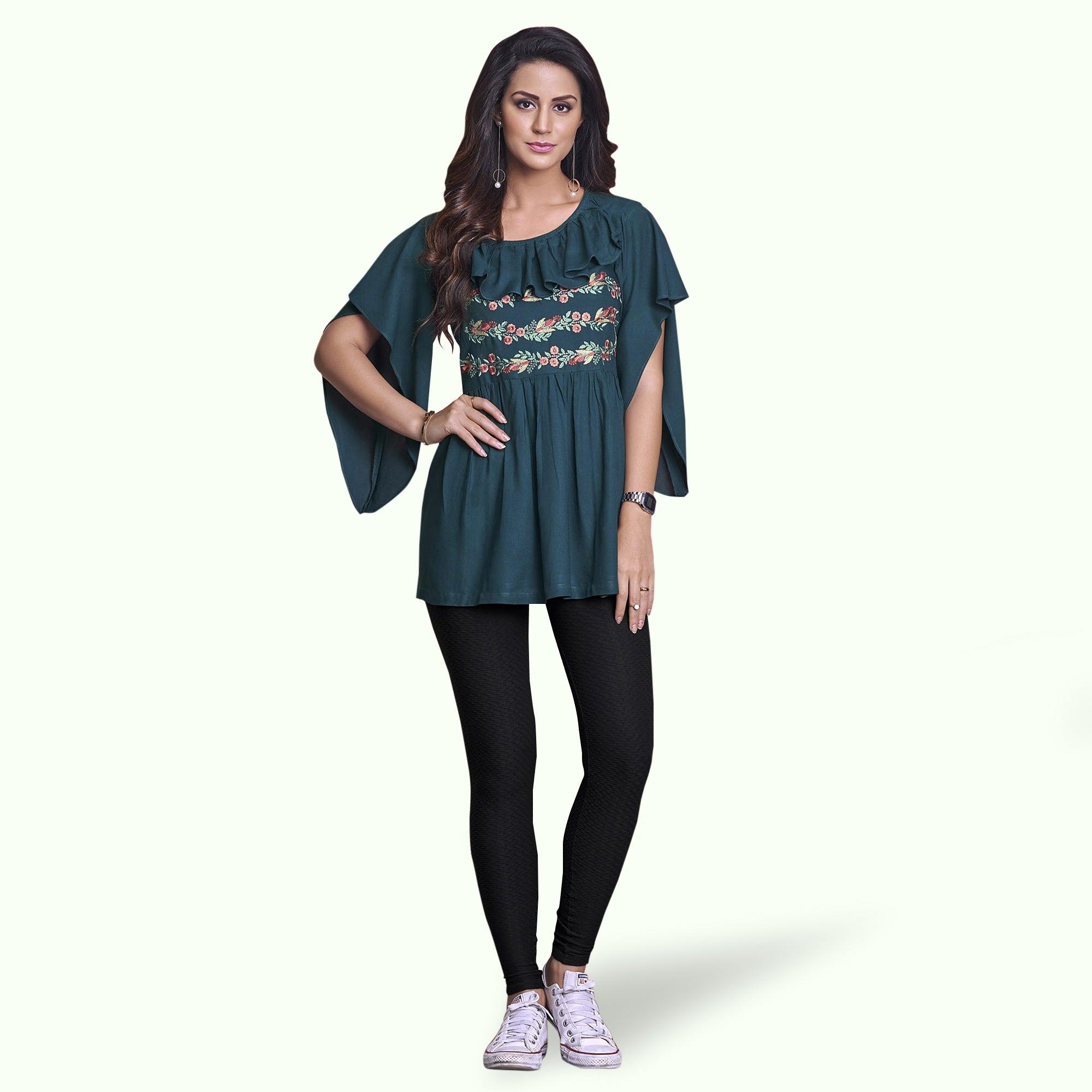 Pleasant Teal Green Colored Partywear Embroidered Rayon Western Top - Peachmode