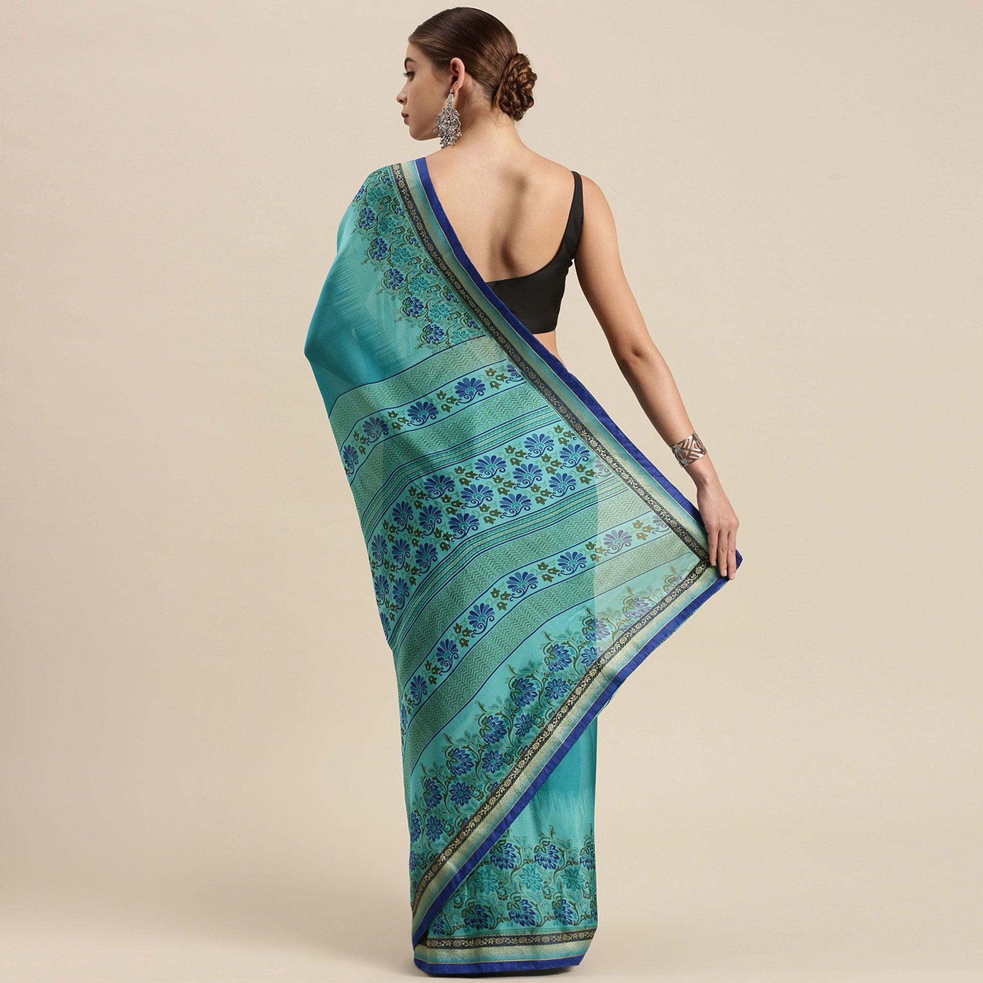 Pleasant Turquoise Blue Colored Partywear Printed Rangoli Silk Saree - Peachmode