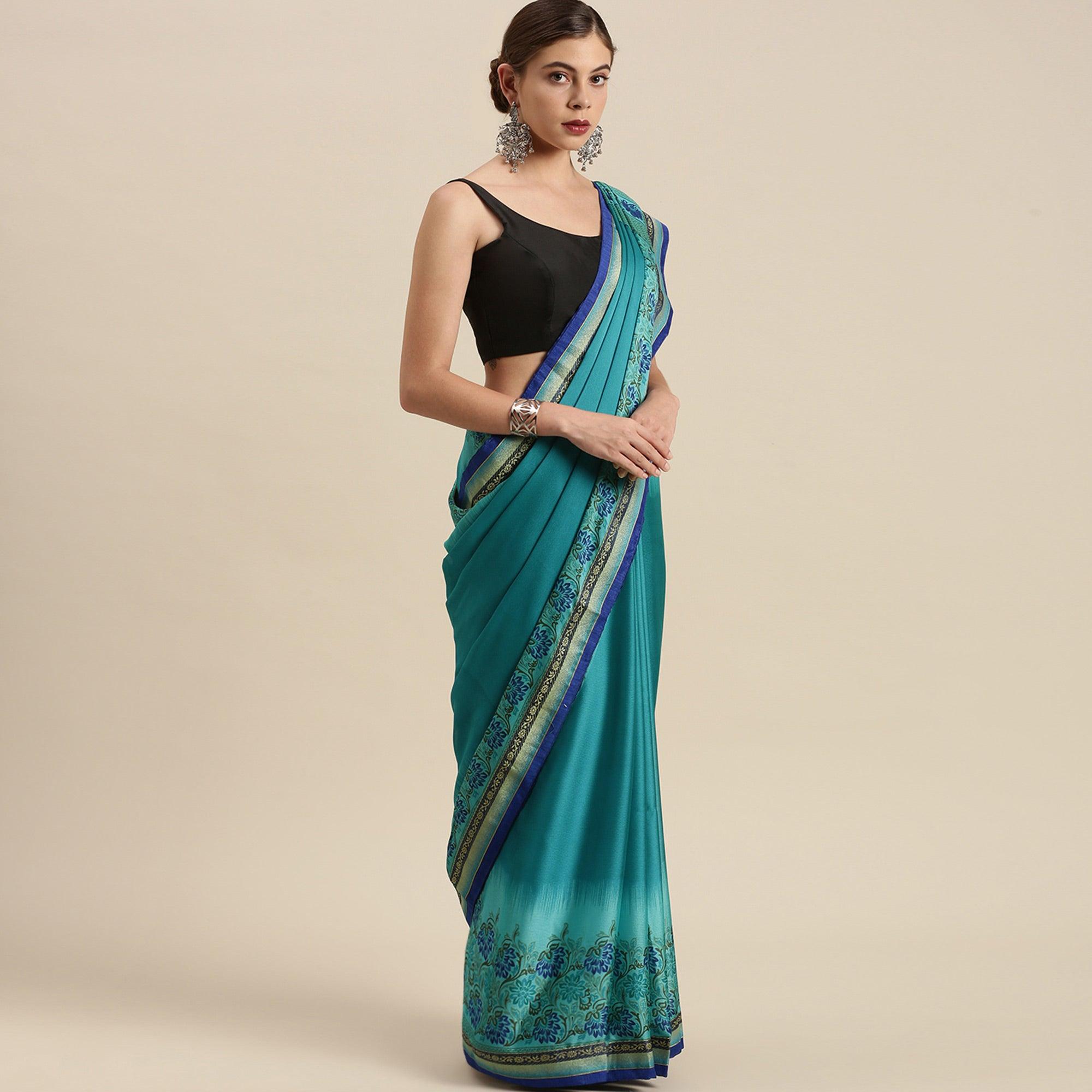 Pleasant Turquoise Blue Colored Partywear Printed Rangoli Silk Saree - Peachmode