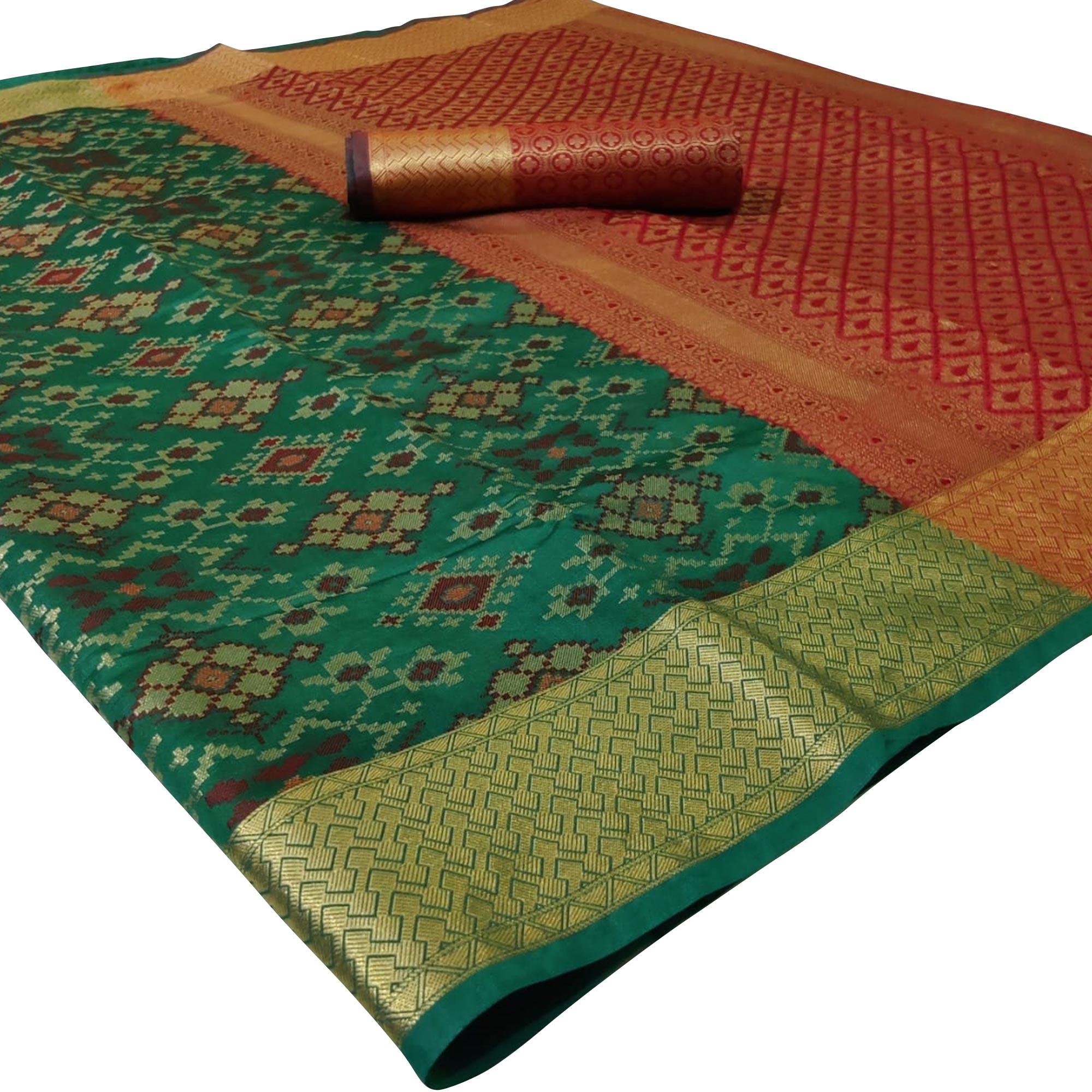 Pleasant Turquoise Green Colored Festive Wear Woven Silk Saree - Peachmode