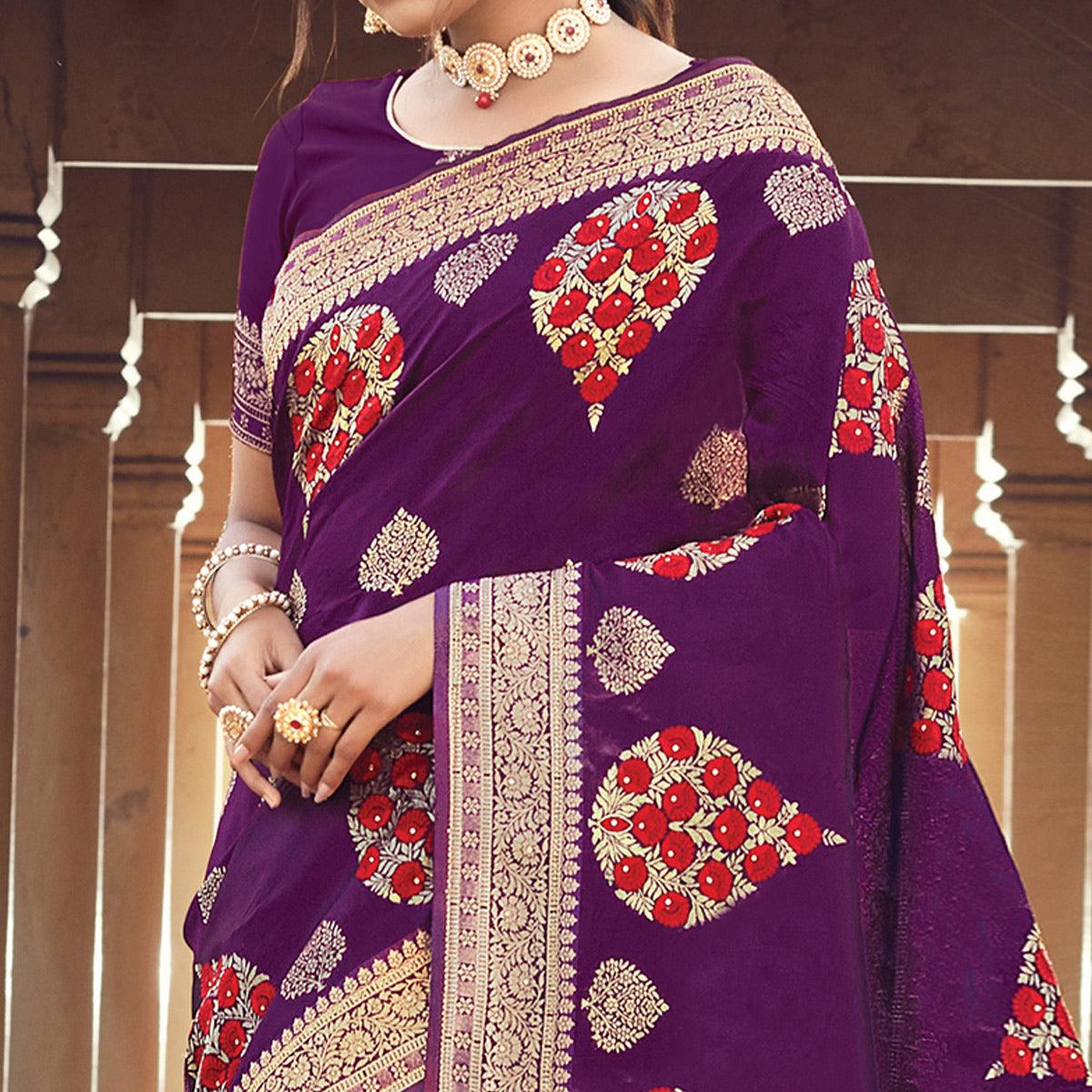 Pleasant Violet Colored Festive Wear Woven Silk Saree - Peachmode