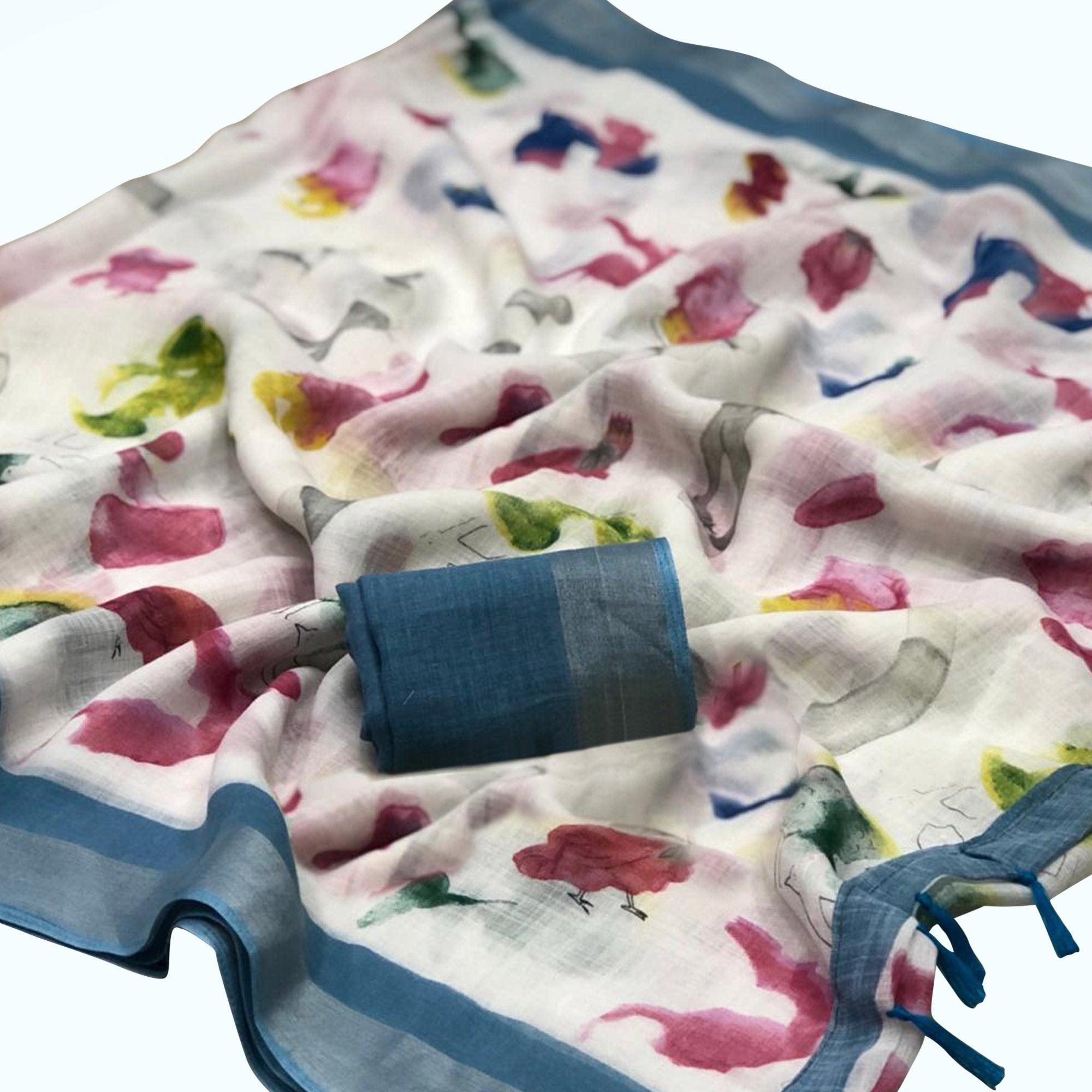 Pleasant White Colored Casual Digital Printed Pure Linen Saree - Peachmode