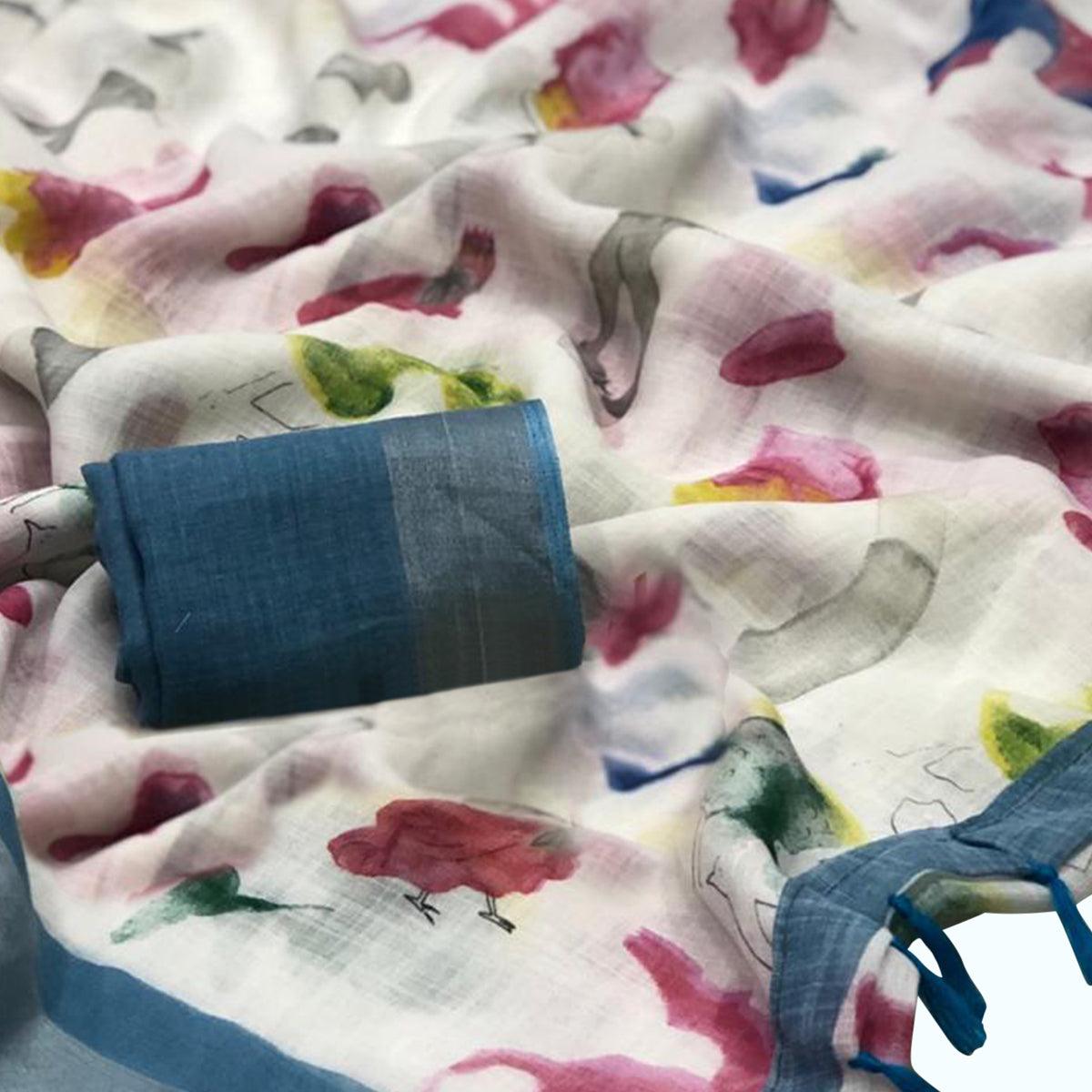 Pleasant White Colored Casual Digital Printed Pure Linen Saree - Peachmode