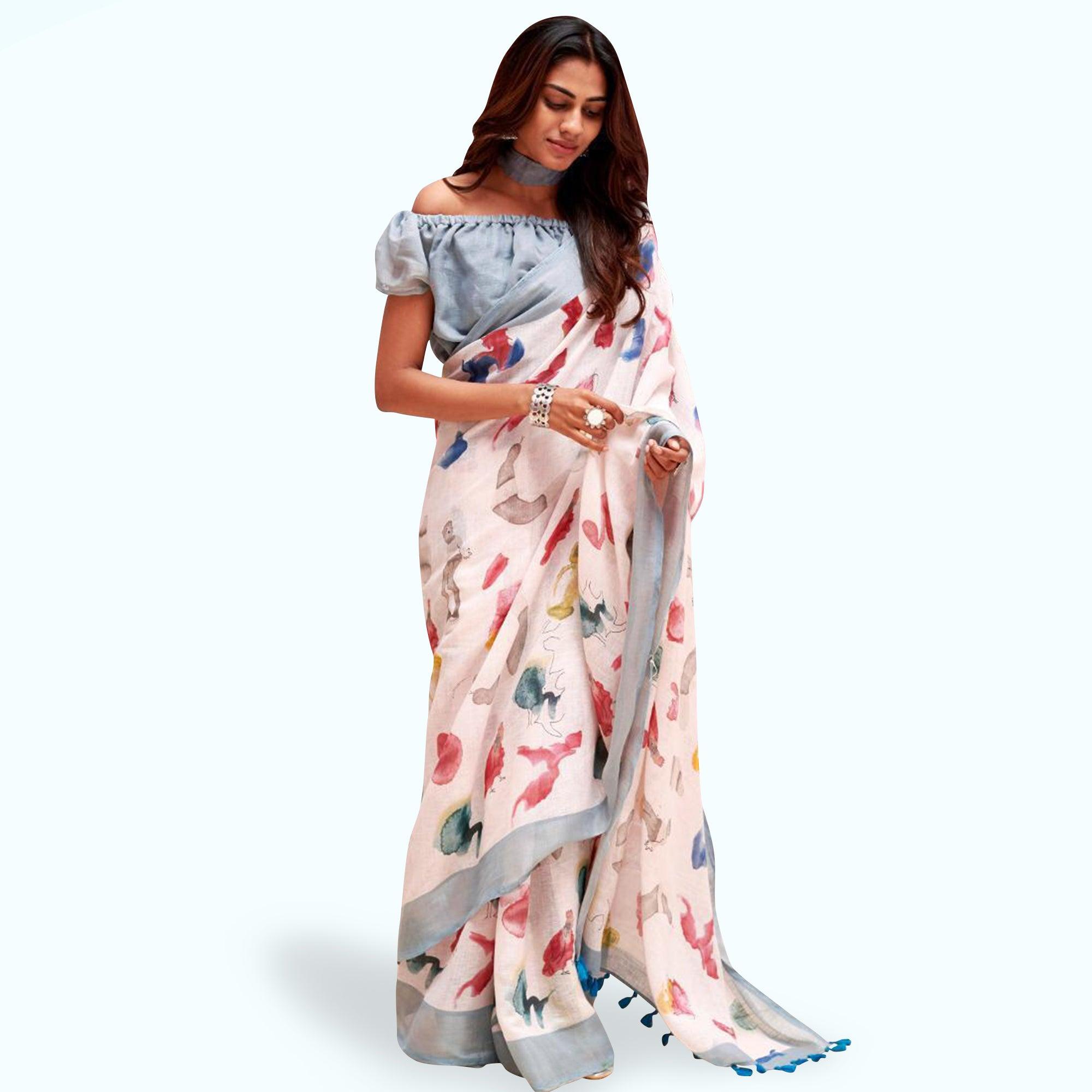 Pleasant White Colored Casual Digital Printed Pure Linen Saree - Peachmode