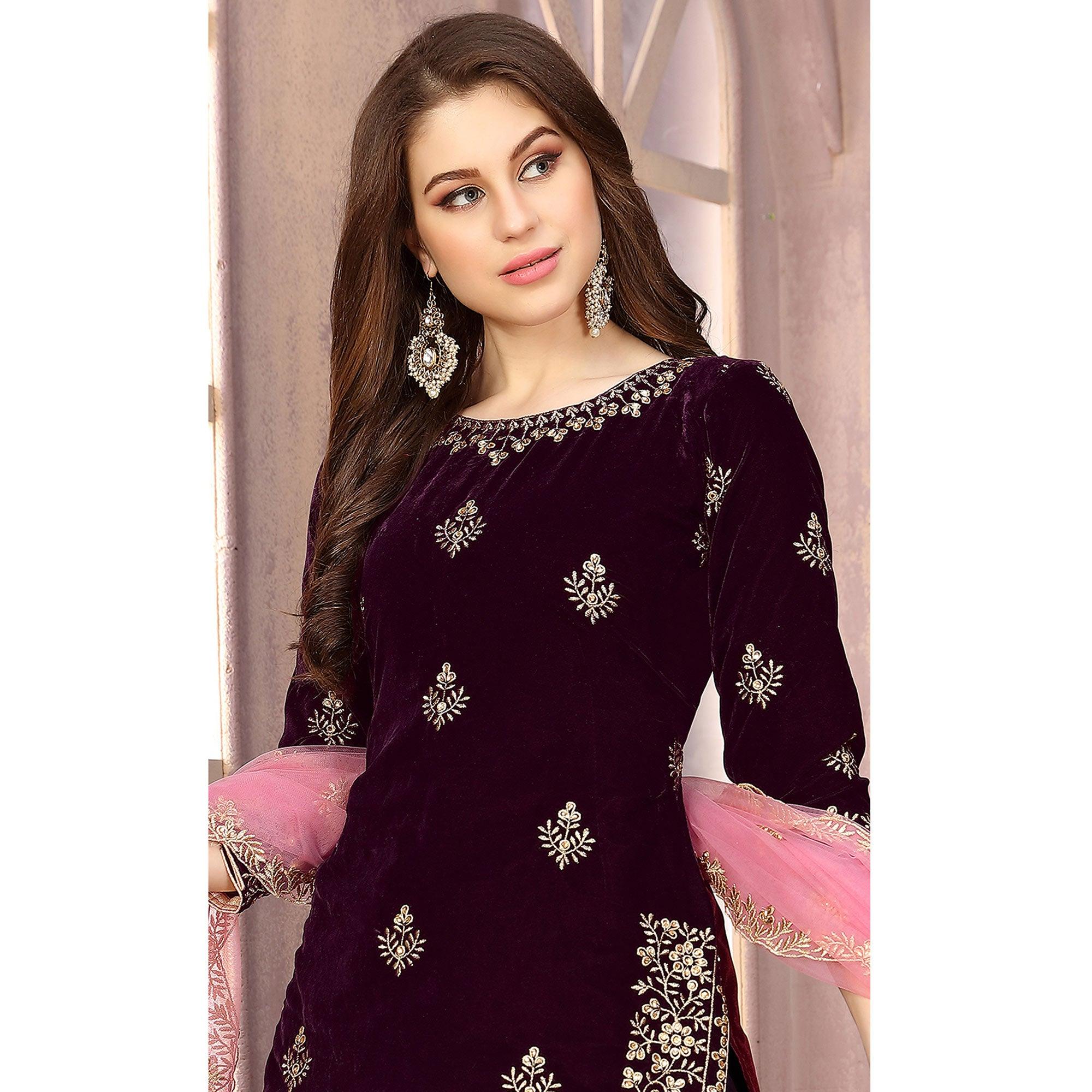 Pleasant Wine Colored Partywear Embroidered Velvet Patiala Suit - Peachmode