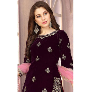 Pleasant Wine Colored Partywear Embroidered Velvet Patiala Suit - Peachmode