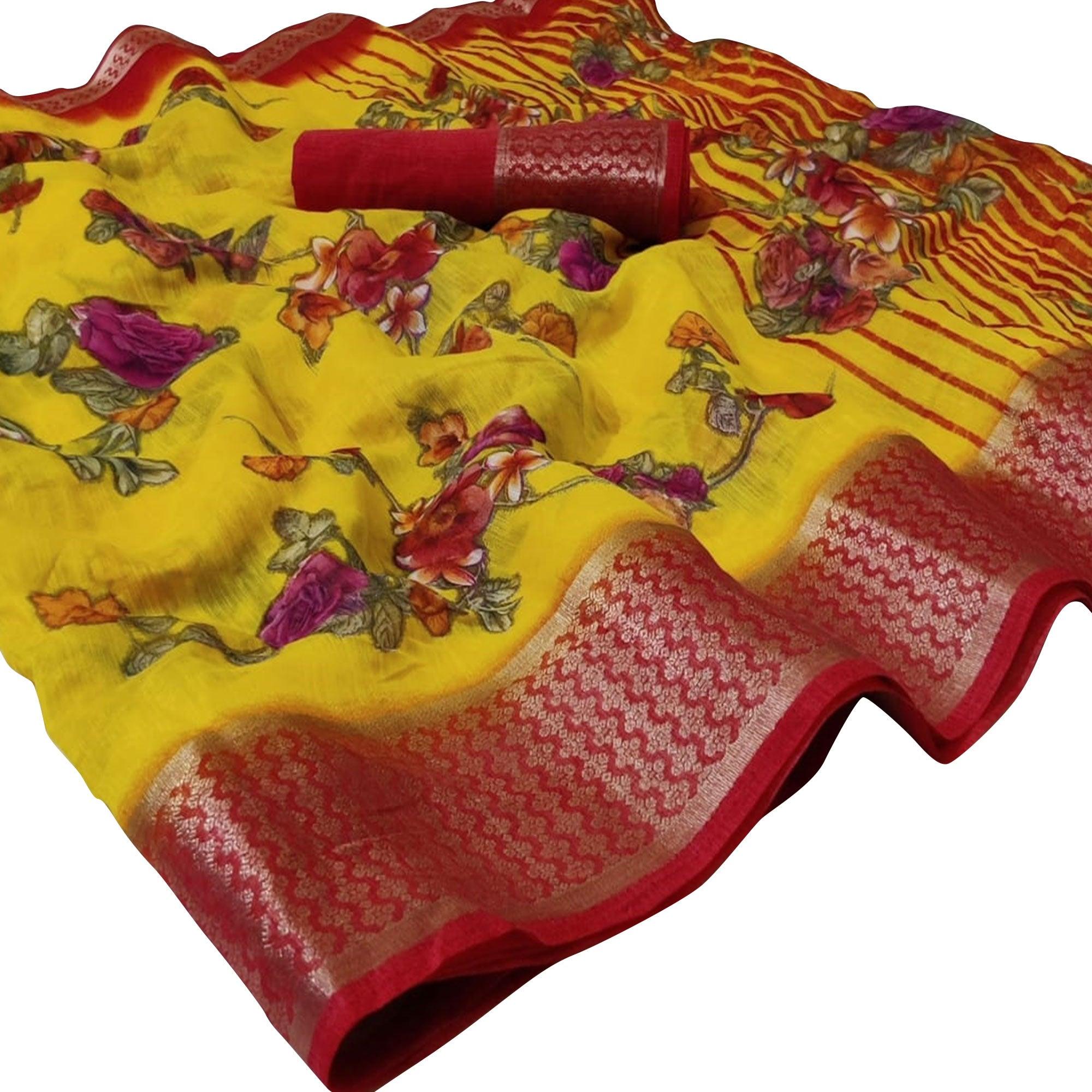 Pleasant Yellow Colored Casual Wear Floral Printed Linen Saree - Peachmode