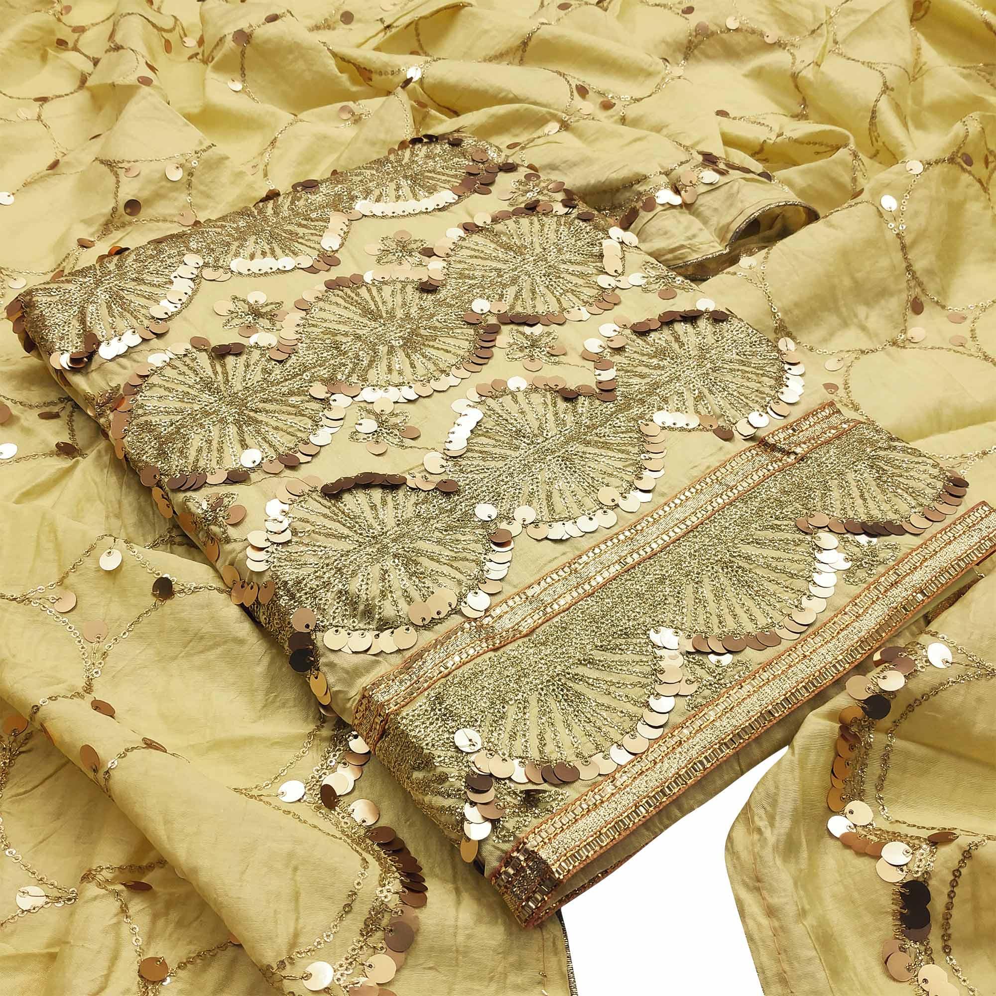 Pleasant Yellow Colored Festive Wear Embroidered Modal Silk Dress Material - Peachmode
