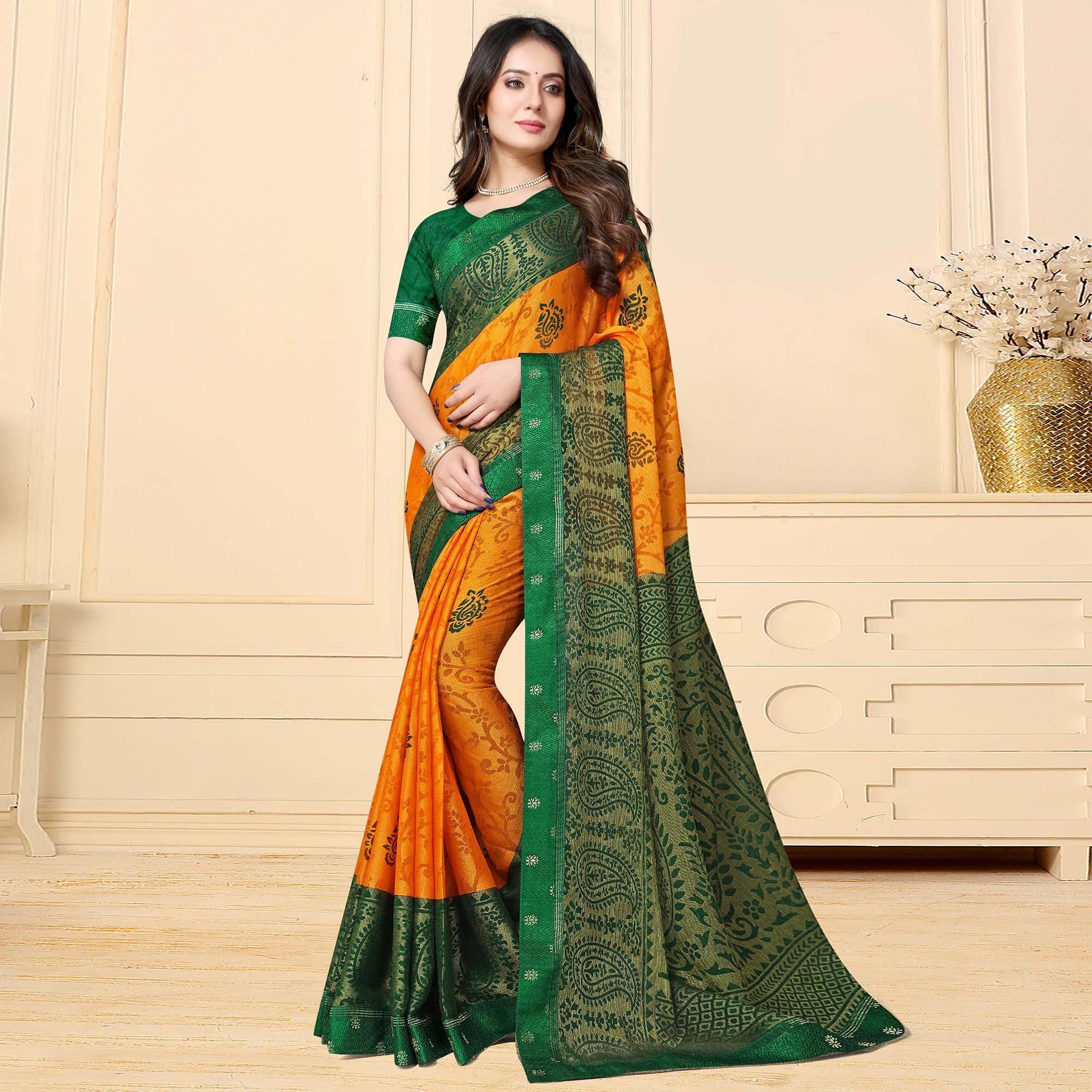 Pleasant Yellow Colored Festive Wear Printed Chiffon Brasso Saree - Peachmode