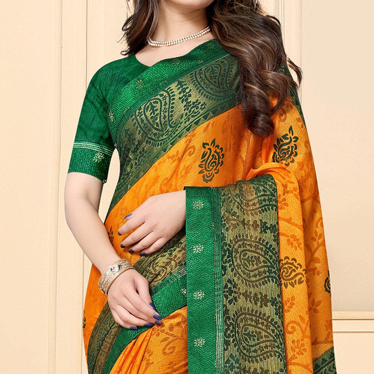 Pleasant Yellow Colored Festive Wear Printed Chiffon Brasso Saree - Peachmode