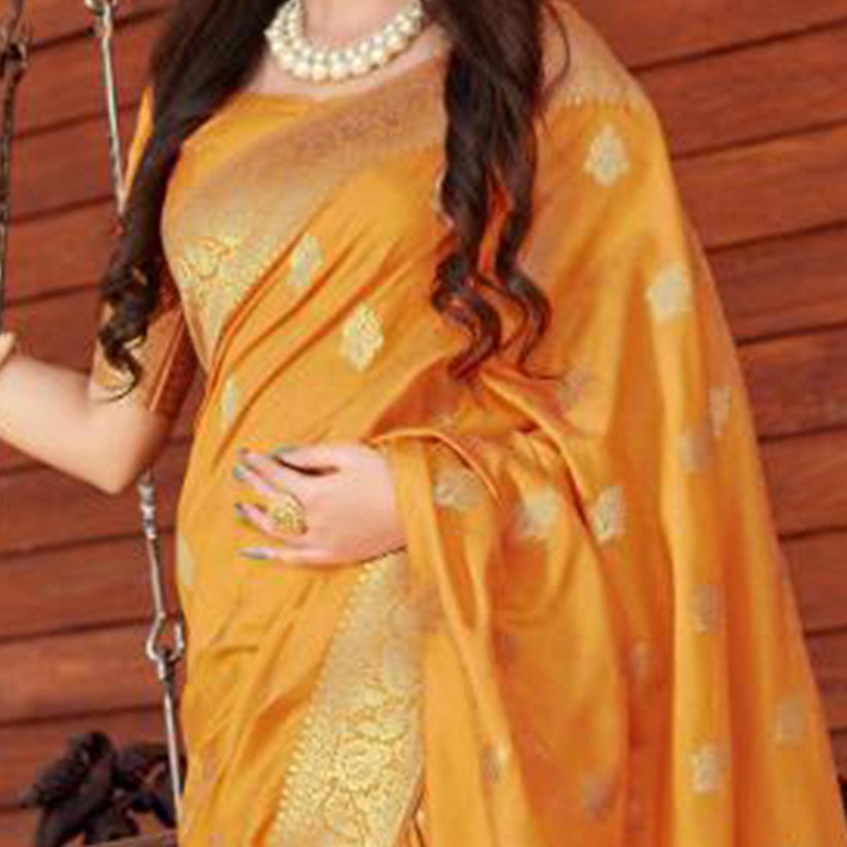 Pleasant Yellow Coloured Partywear Woven Silk Saree - Peachmode