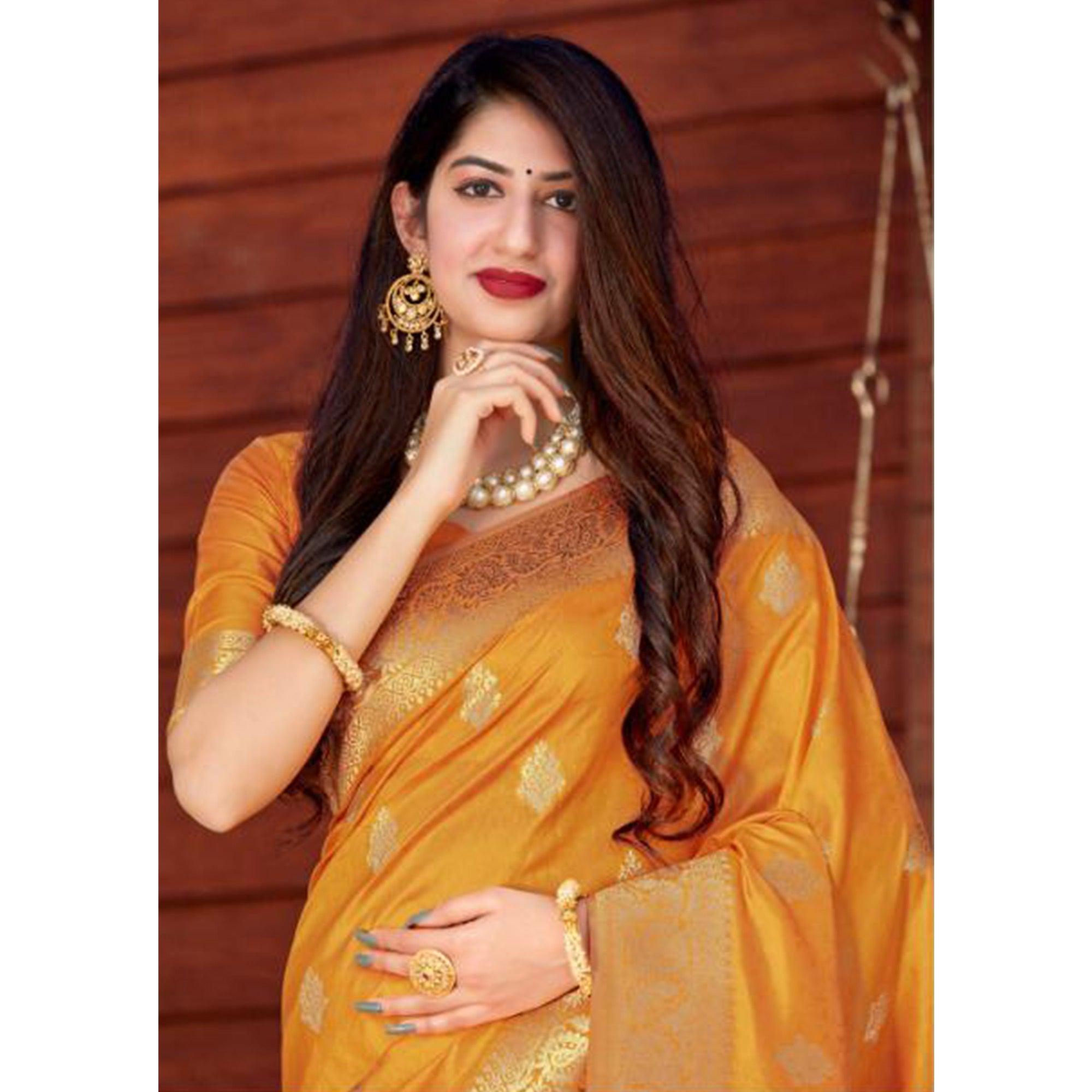 Pleasant Yellow Coloured Partywear Woven Silk Saree - Peachmode