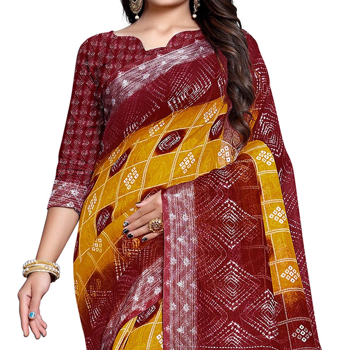 Pleasant Yellow-Red Colored Casual Bandhani Printed Pure Linen Saree - Peachmode