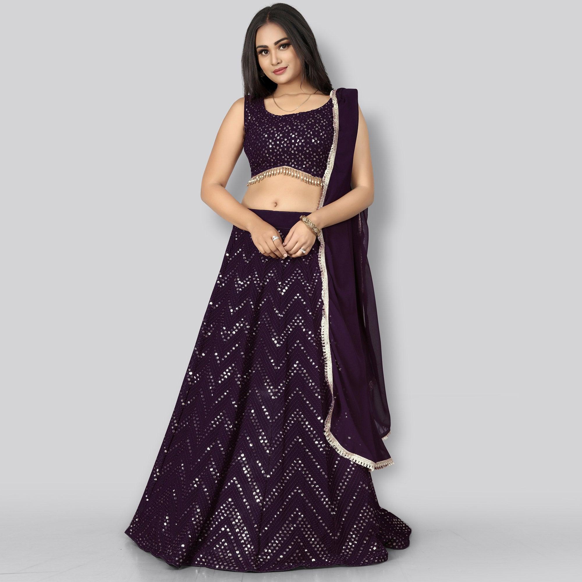 Plum Party Wear Sequence Embroidered Georgette Lehenga Choli - Peachmode