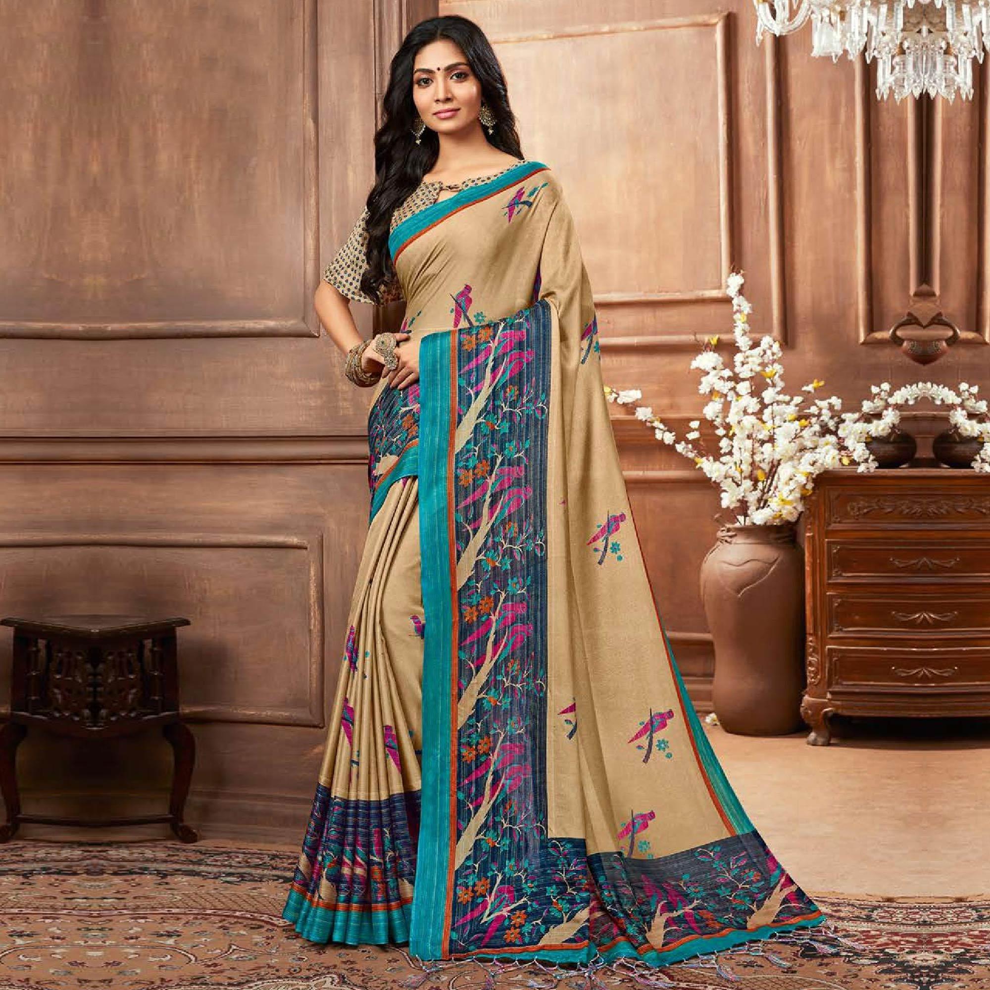 Preferable Beige Colored Casual Printed Linen Silk Saree - Peachmode