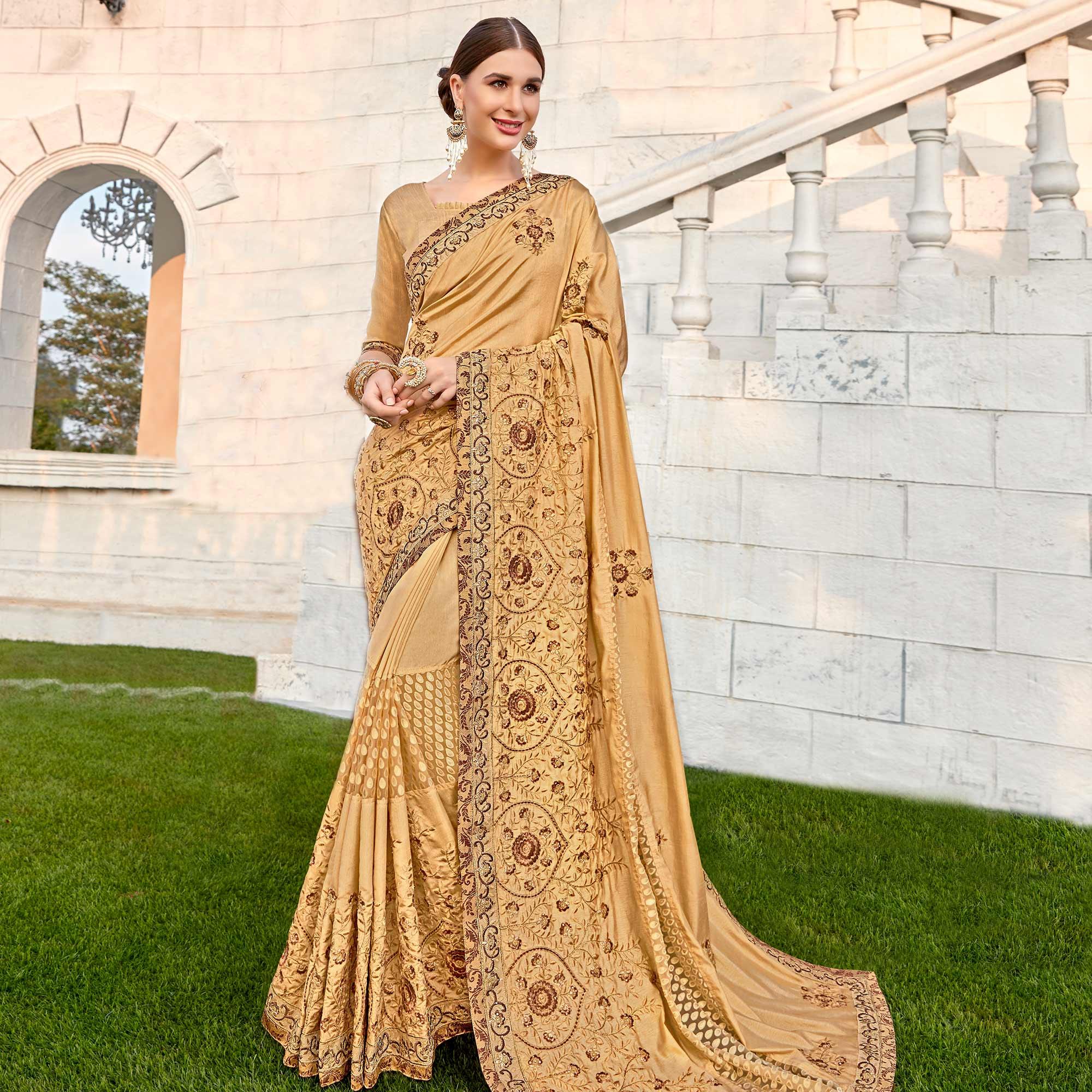 Preferable Beige Colored Party wear Embroidered Brasso Saree - Peachmode