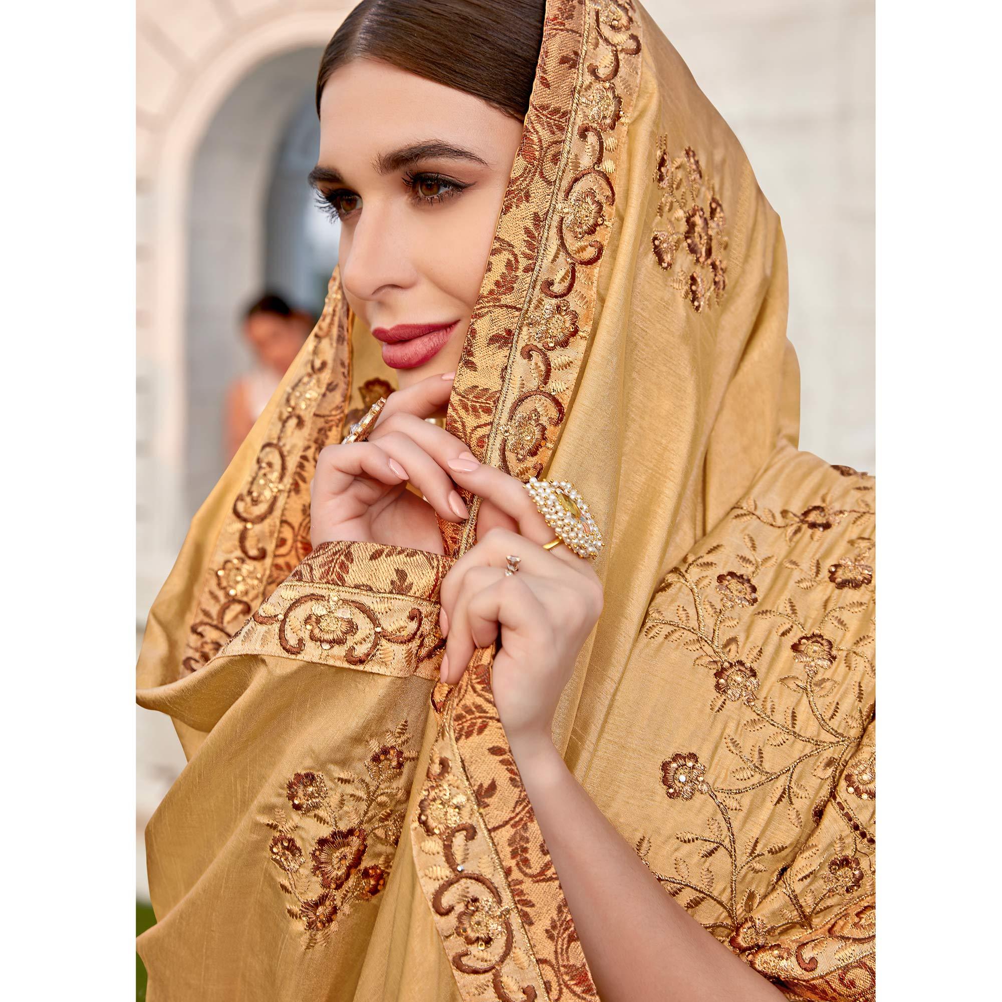 Preferable Beige Colored Party wear Embroidered Brasso Saree - Peachmode