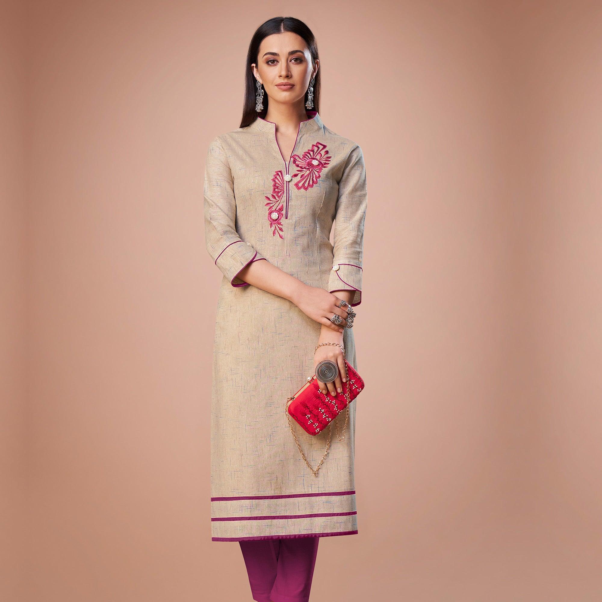Preferable Beige Colored Partywear Embroidered Cotton Kurti - Peachmode