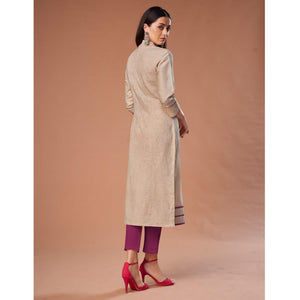 Preferable Beige Colored Partywear Embroidered Cotton Kurti - Peachmode
