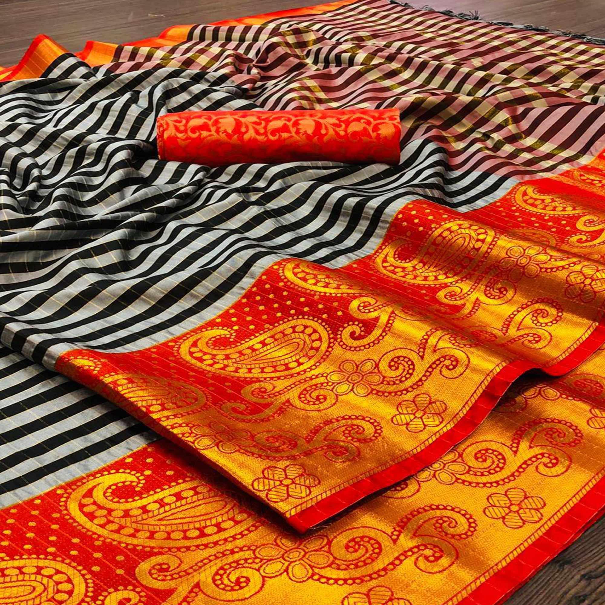 Preferable Black Colored Festive Wear Woven Cotton Silk Saree - Peachmode