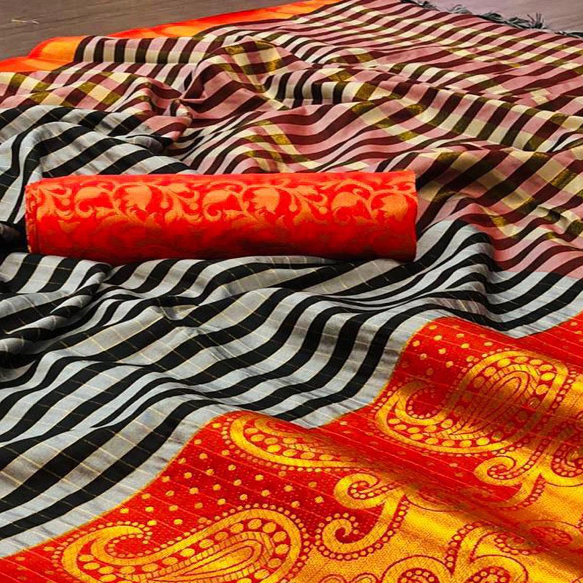 Preferable Black Colored Festive Wear Woven Cotton Silk Saree - Peachmode