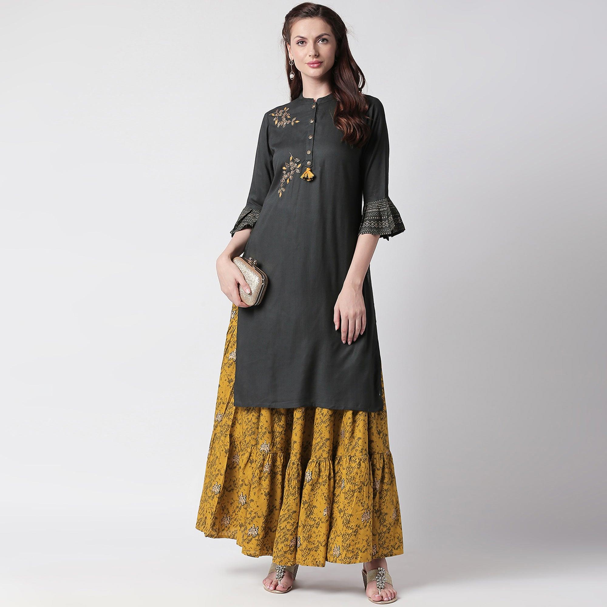Preferable Black-Green Colored Partywear Embroidered Cotton Kurti-Skirt Set - Peachmode