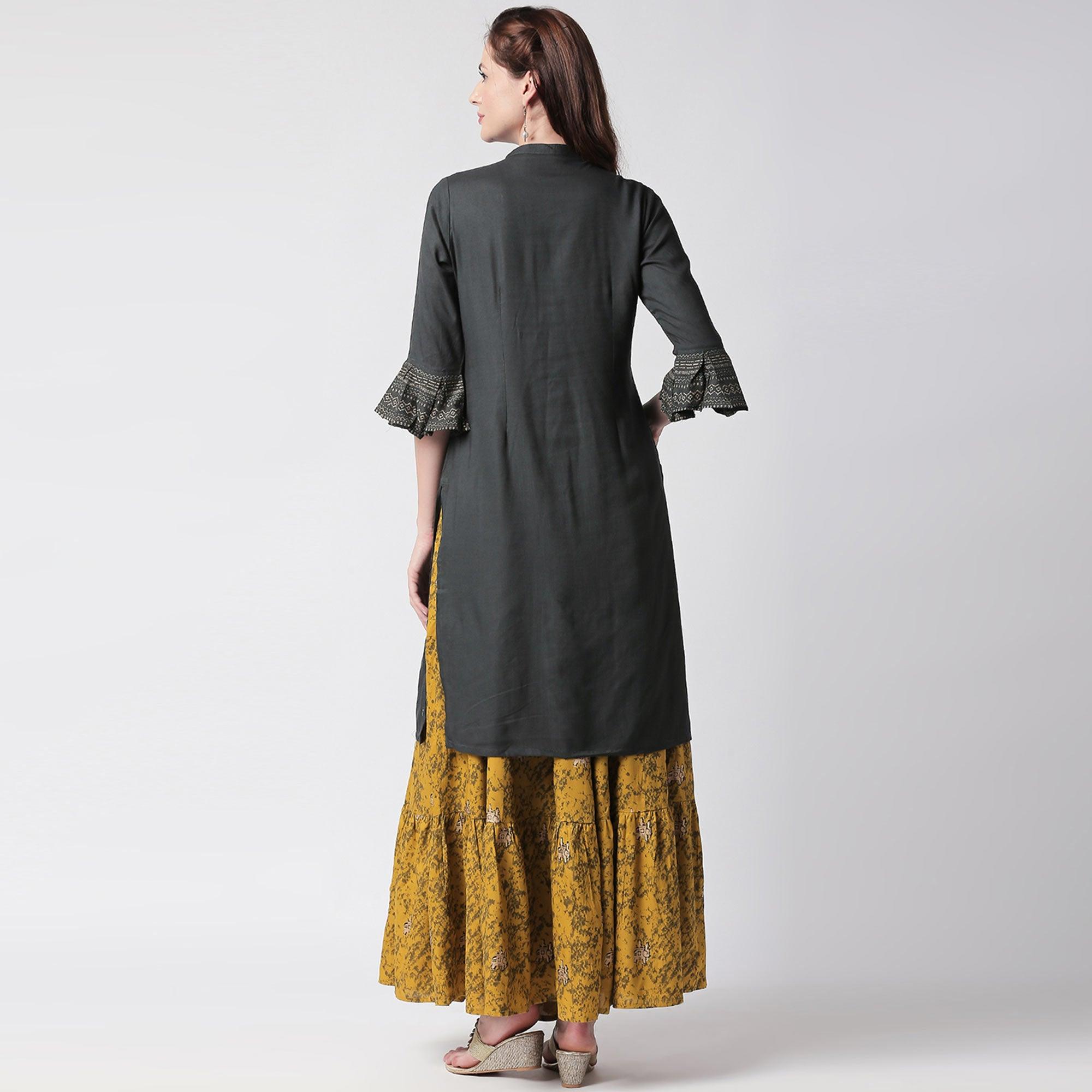 Preferable Black-Green Colored Partywear Embroidered Cotton Kurti-Skirt Set - Peachmode