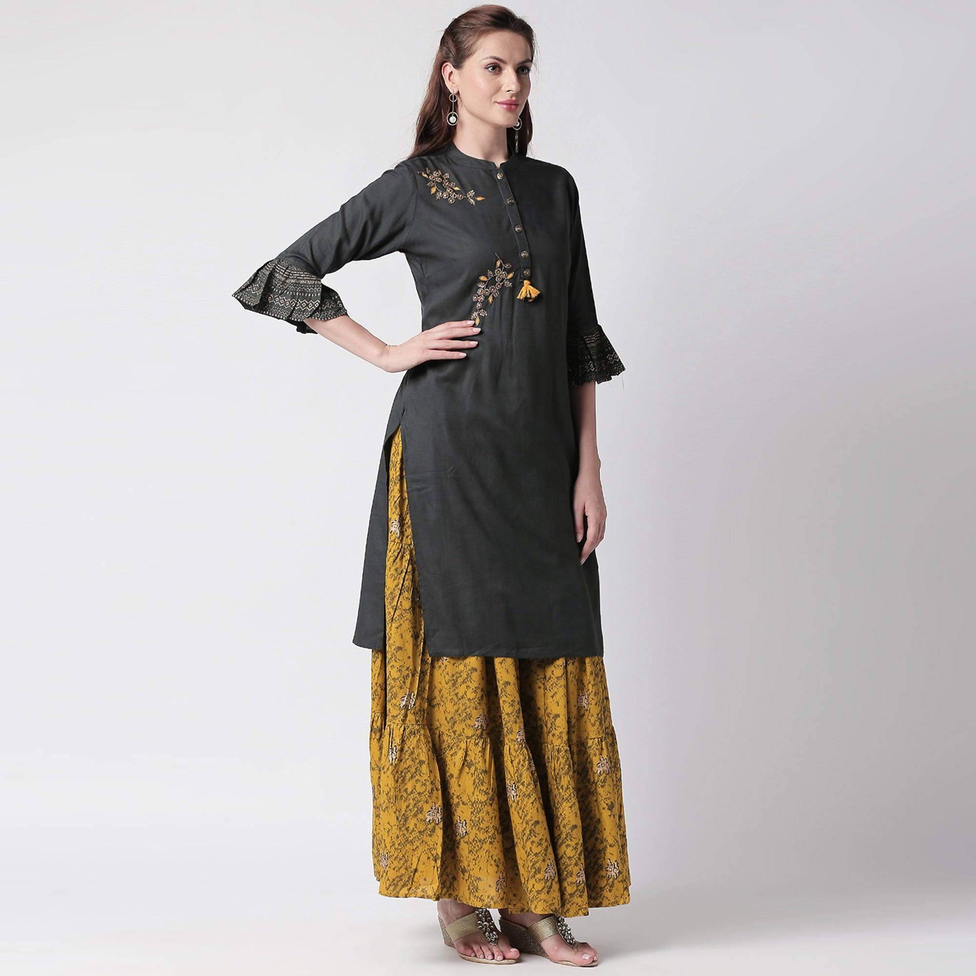 Preferable Black-Green Colored Partywear Embroidered Cotton Kurti-Skirt Set - Peachmode