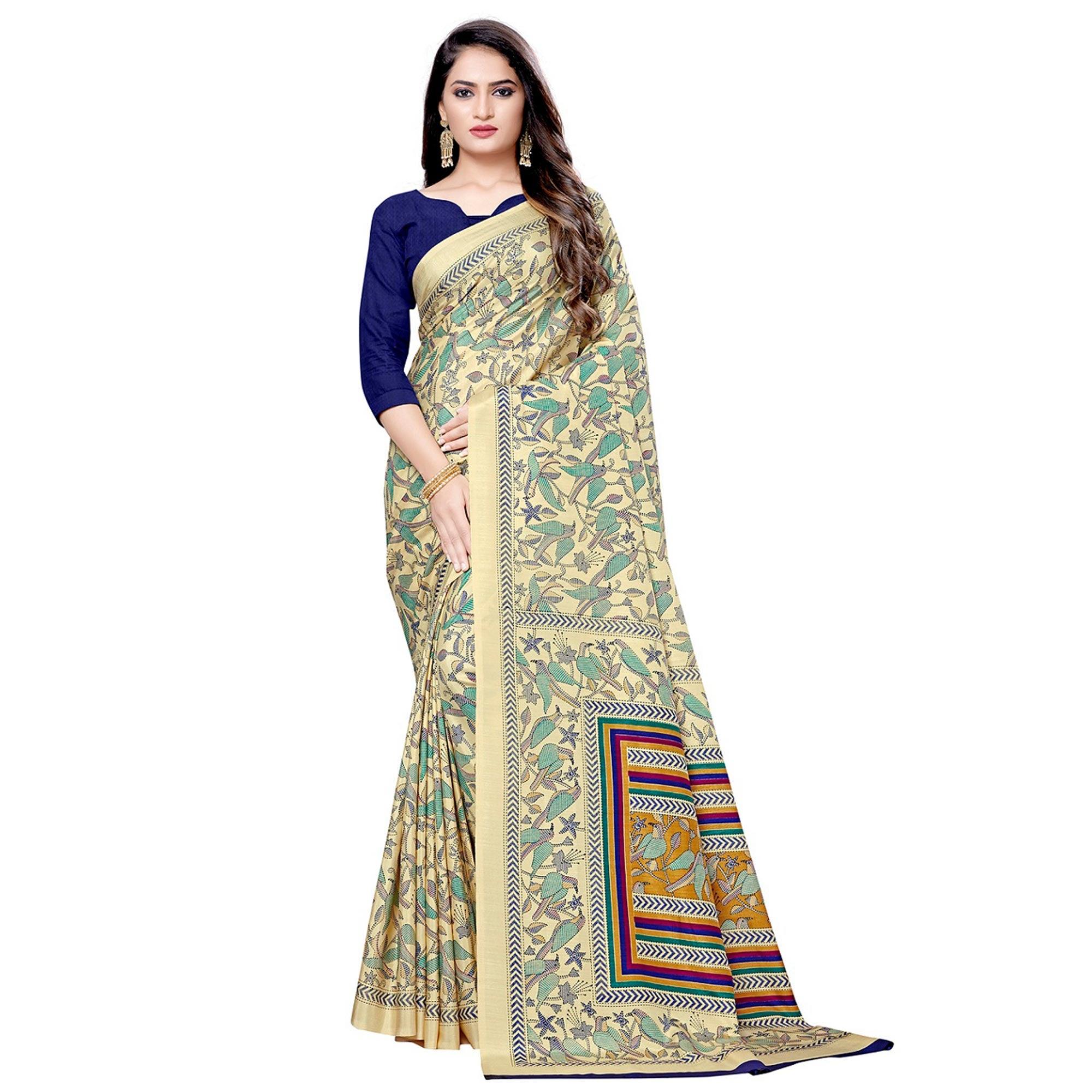 Preferable Cream Colored Casual Printed Silk Saree - Peachmode