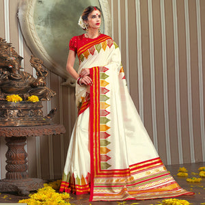 Preferable Cream Colored Festive Wear Patola Silk saree - Peachmode