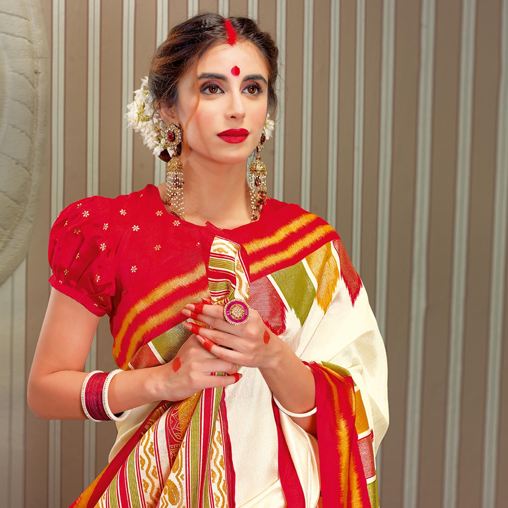 Preferable Cream Colored Festive Wear Patola Silk saree - Peachmode