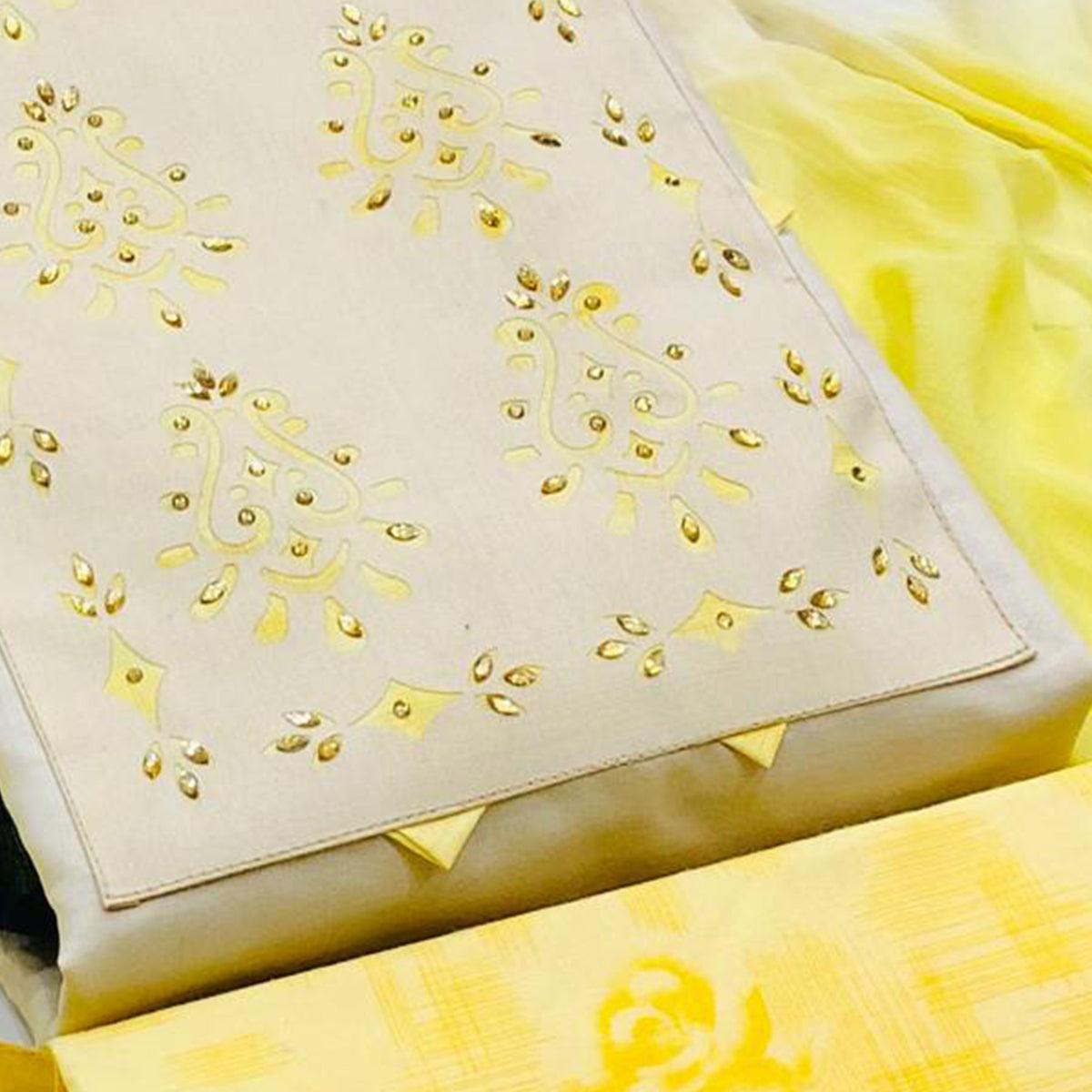 Preferable Cream - Yellow Colored Casual Wear Printed Cotton Dress Material - Peachmode