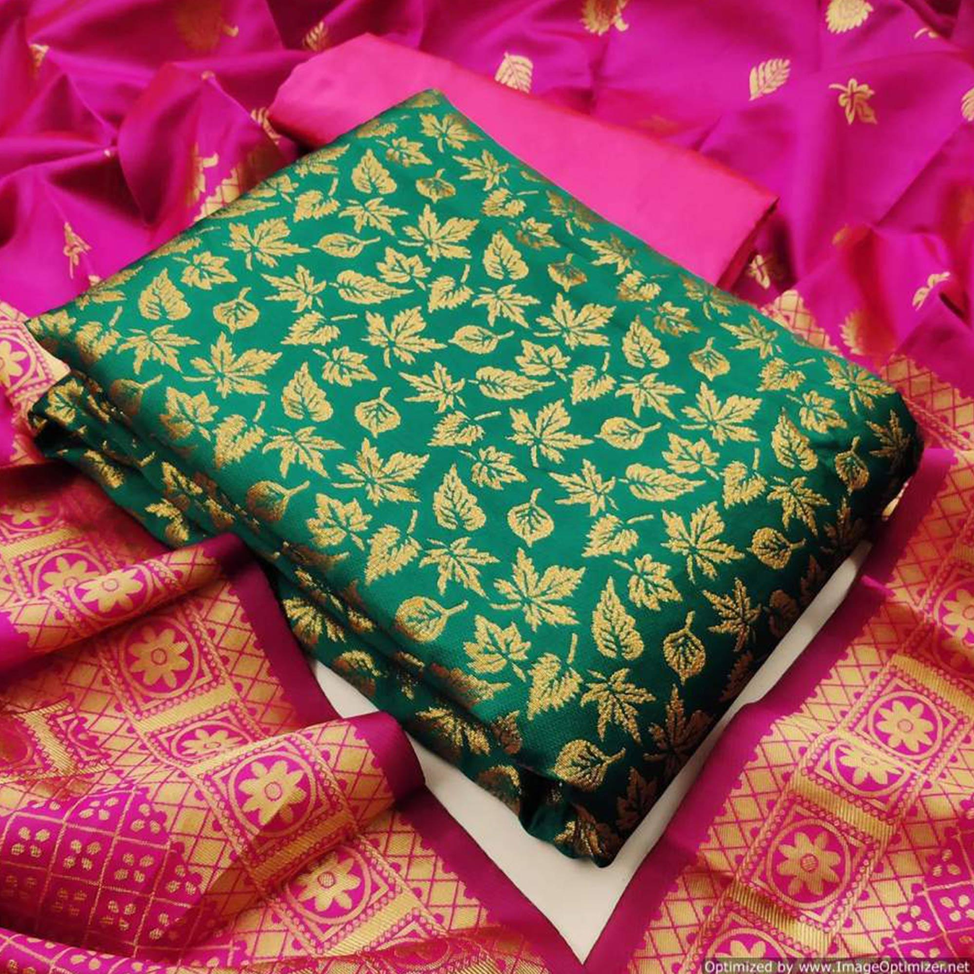 Preferable Dark Green Colored Casual Wear Banarasi Silk Dress Material - Peachmode
